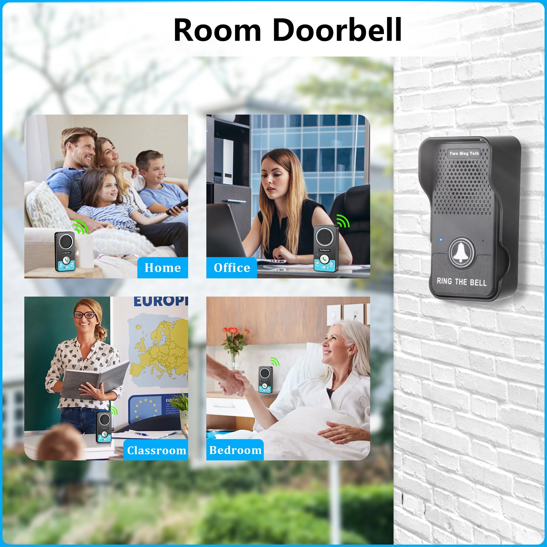 Timbre, timbre inalámbrico de dos vías para el hogar, timbre de puerta manos libres inalámbrico, timbre de conversación natural, impermeable, timbre de batería para habitación/dormitorio/aula, niños