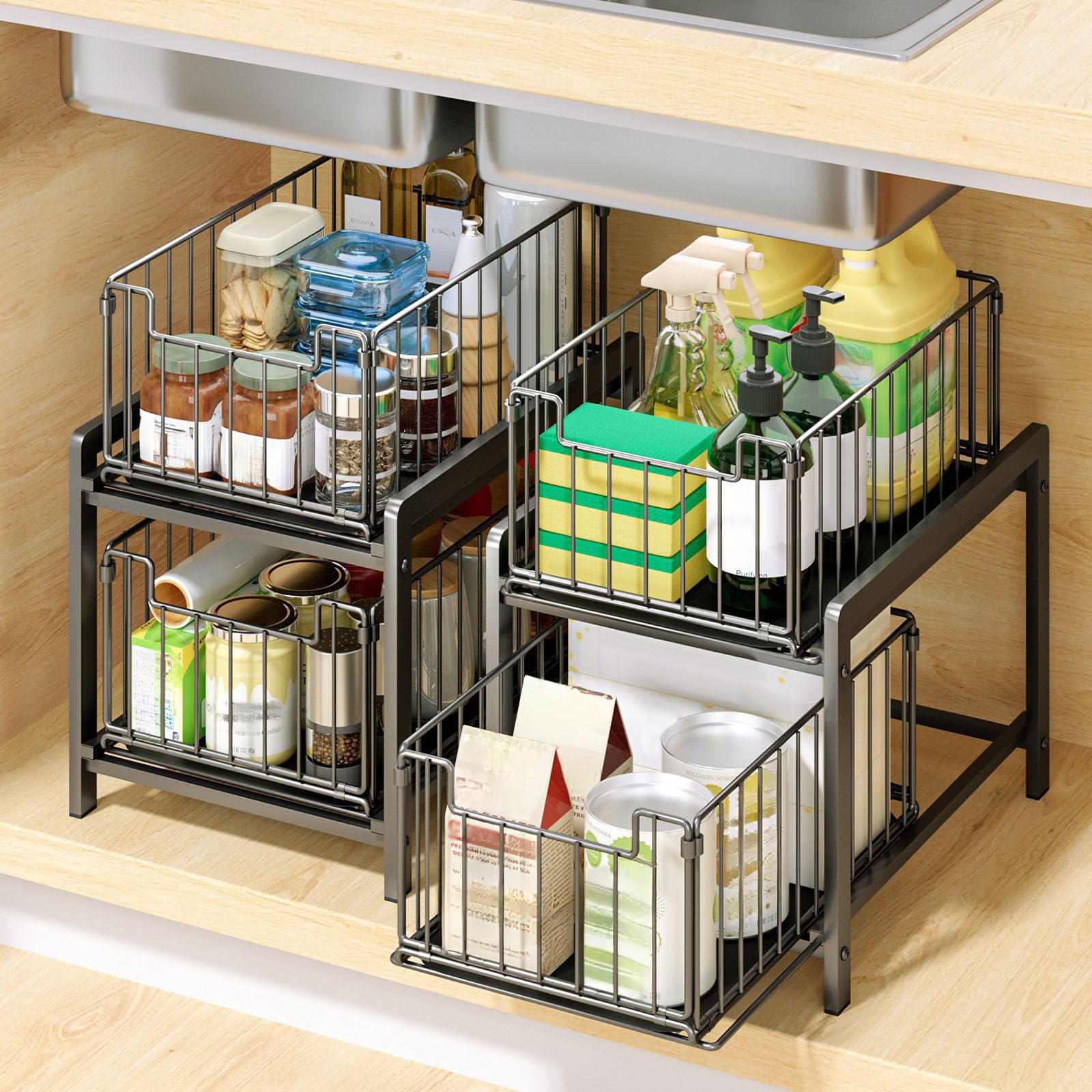 Cesta organizadora deslizante de 2 niveles para debajo del lavabo, cajones de acero extraíbles para armarios de cocina y baño, color gris