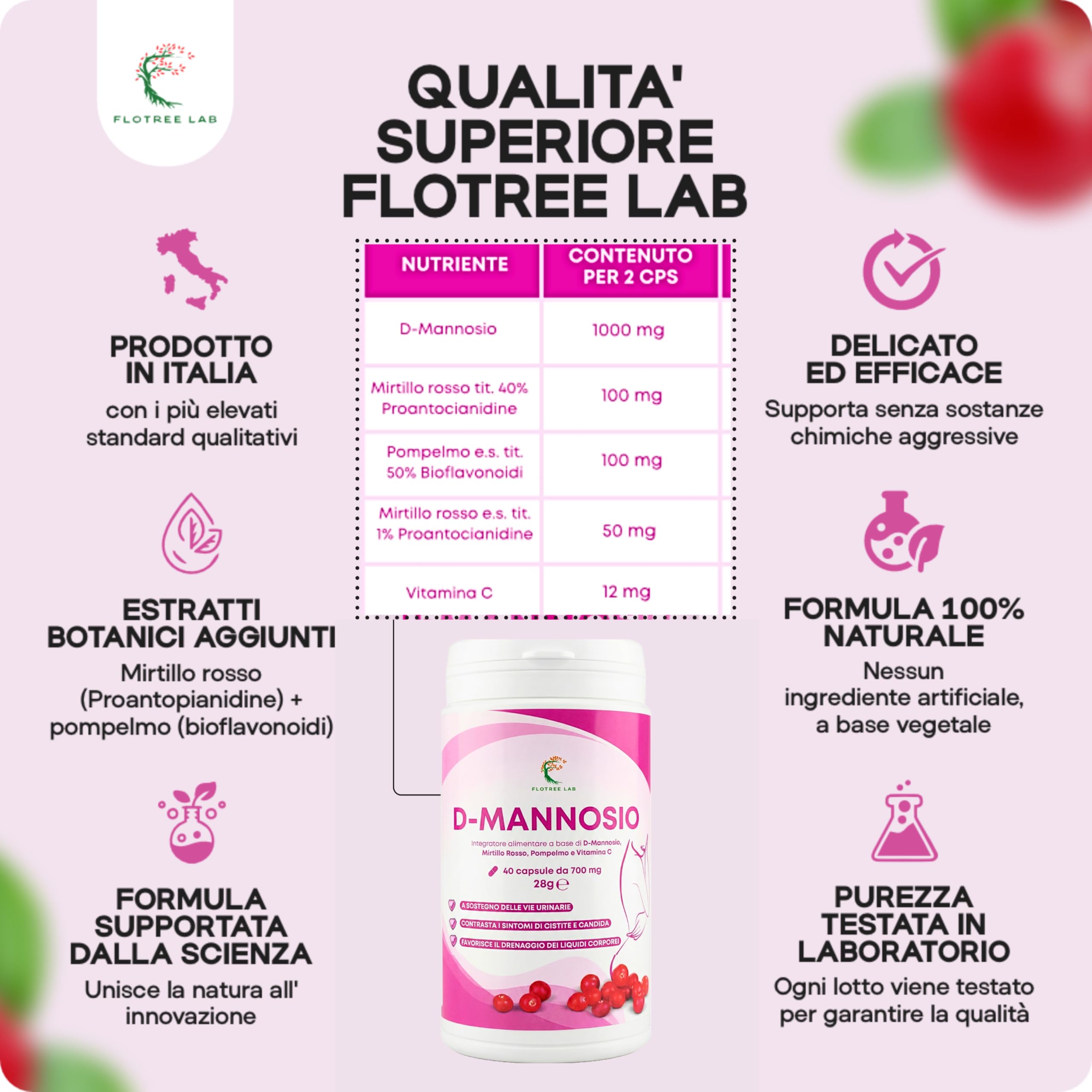 FloTree Lab® D Mannosio Cistite con Cranberry (Mirtillo Rosso), Pompelmo e Vitamina C, Dmannosio Puro 2000 mg, Integratore Vie Urinarie Donna Uomo Naturale, 40 Capsule