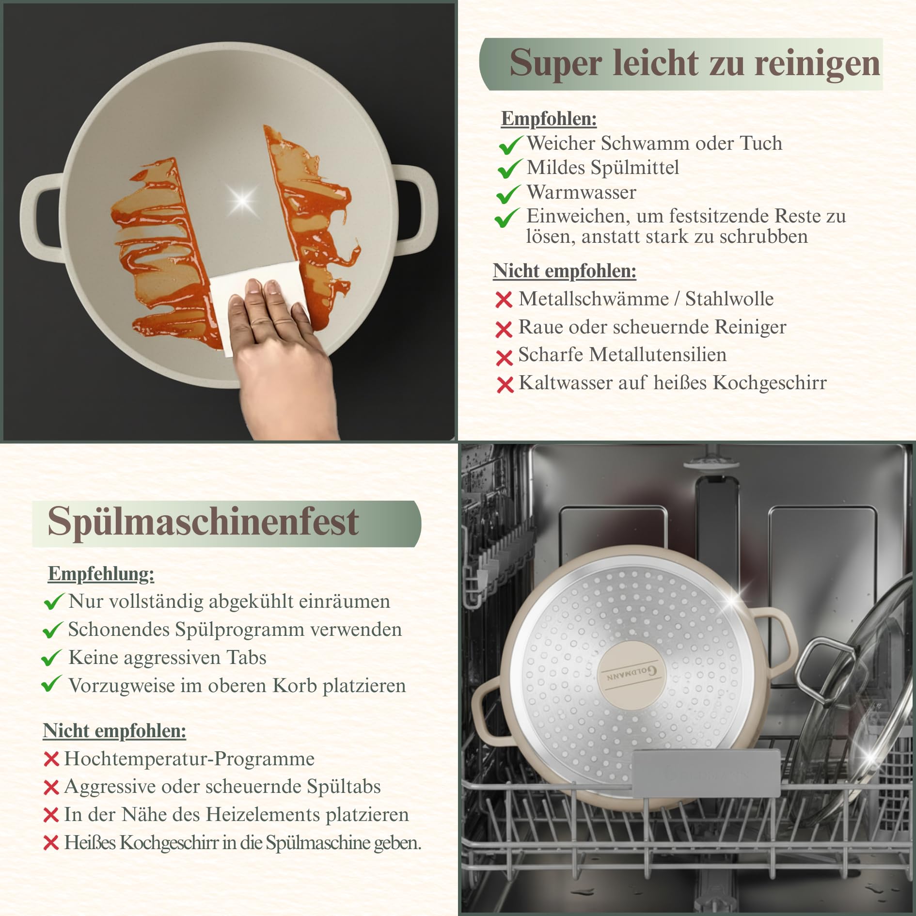 GOLDMANN Olla de Cocina de Aluminio Fundido con Tapa de Vidrio Selic, Revestimiento Antiadherente Cerámico Mármol Saludable & Apta para Inducción y Todas las Cocinas (Beige, 20 CM)