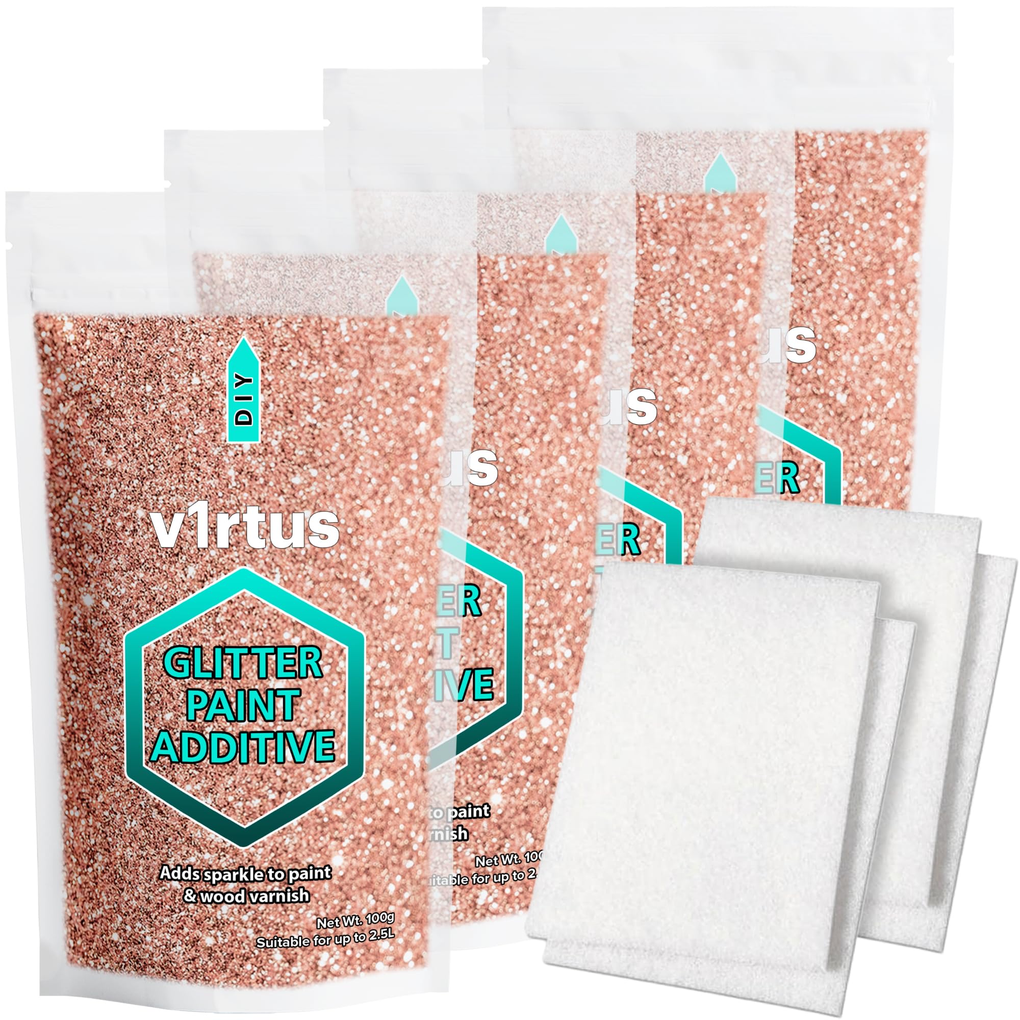 Rose Gold Glitter Paint Additive 400g with 4X Buffing Pads | Additive for Glitter Paint Walls, Add to Interior & Exterior Paint, Emulsion, Varnish | v1rtus