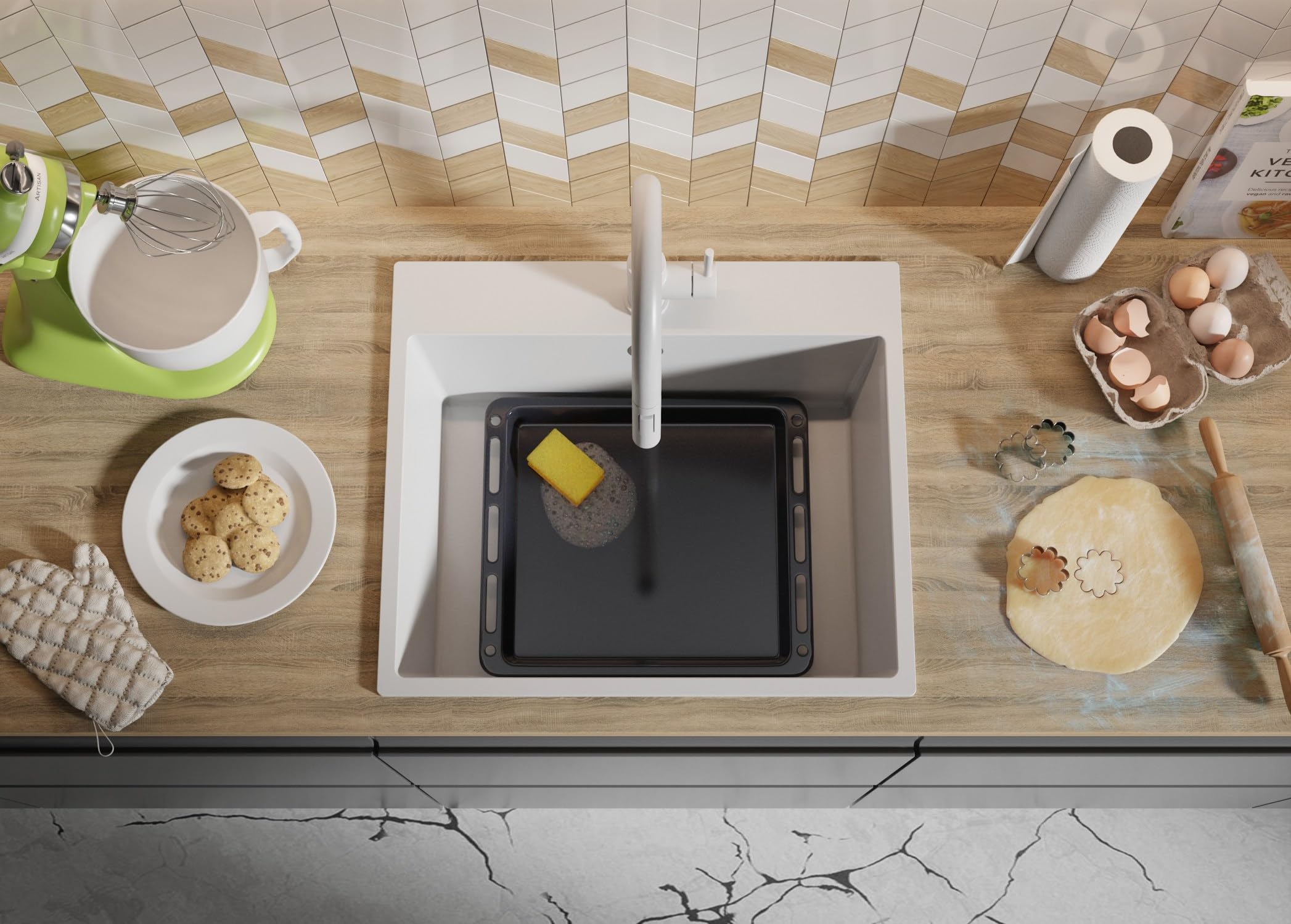 PRIMAGRAN Lavello da Cucina Tutto Bianco 58x50cm, Lavandino in Granito a 1 vasca + Sifone Classico, Lavabo da Cucina Incasso al Mobile 60cm - Riga S312