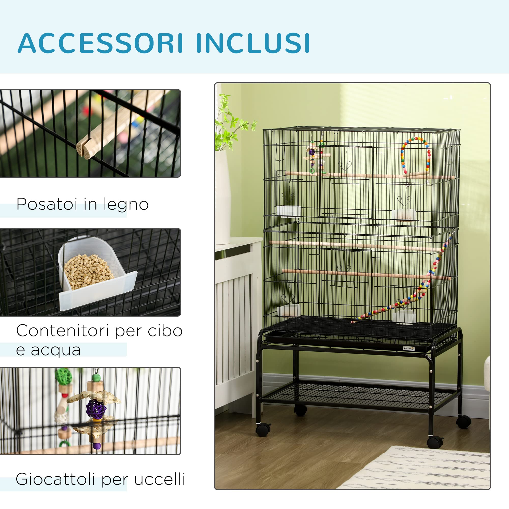 PawHut Gabbia per Uccelli 133 cm, Voliera per Cocorite, Calopsite, Canarini, Inseparabili, Fringuelli con Ruote, 4 Contenitori, Giochi, Vassoio Rimovibile, Ripiano, Nero