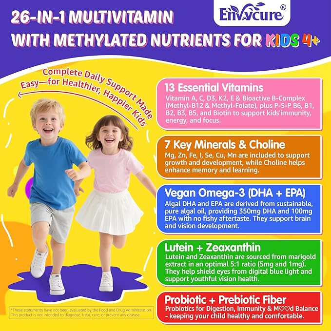 Kids Multivitamin Gummies with Omega-3 (DHA & EPA), Liposomal Multivitamin for Kids 4+ w/Vitamin D3, K2, Methylated B12, Folate, C, Probiotics, Lutein & Zeaxanthin for Brain, Immunity, Gut, Eye, 60Cts