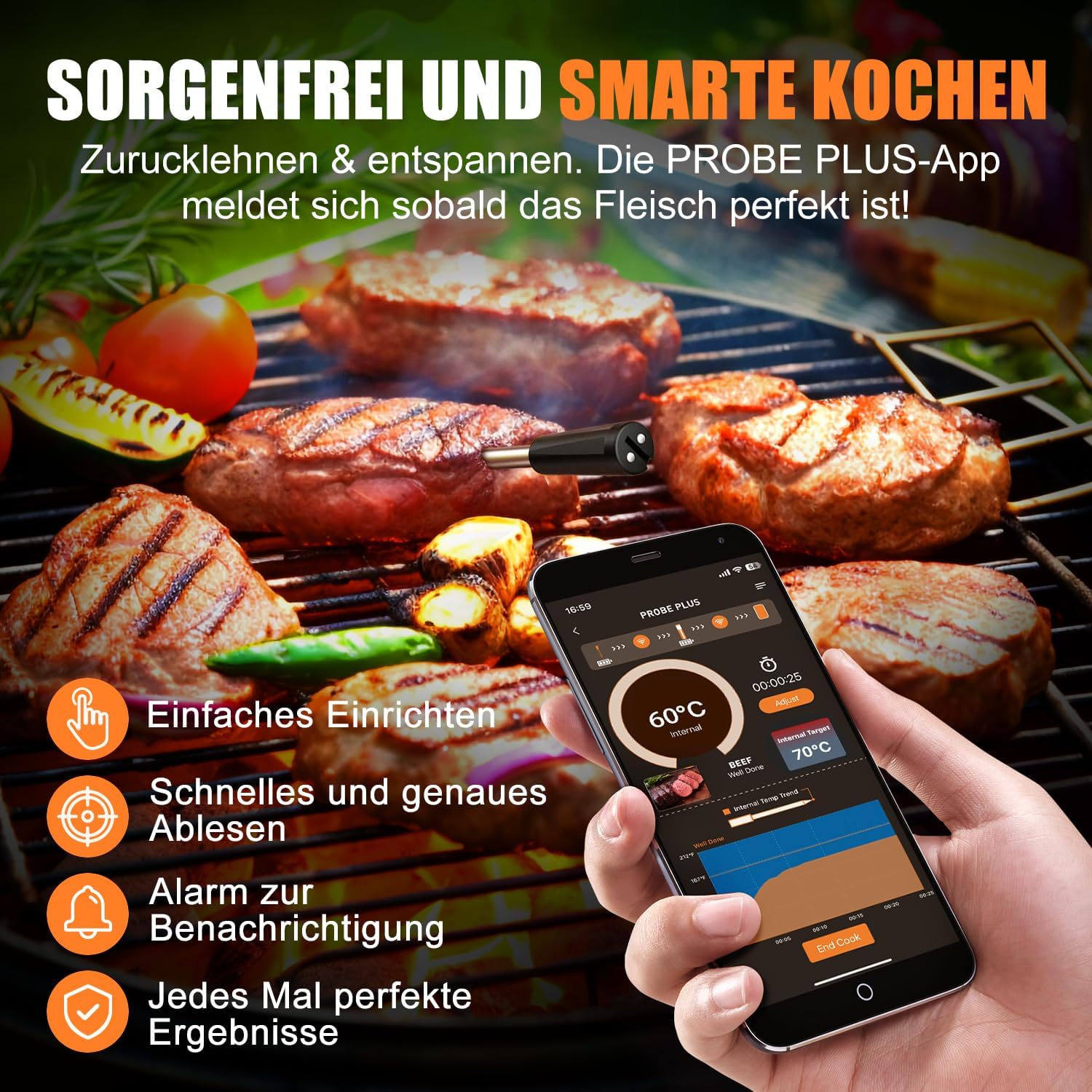 INSMART Smart Fleischthermometer, Grillthermometer mit 100m Reichweite, Bluetooth Bratenthermometer mit App, Multi-Sensor-Technologie, geeignet für Backöfen, Grills, Smoker, Küchen, IPX7 wasserdicht