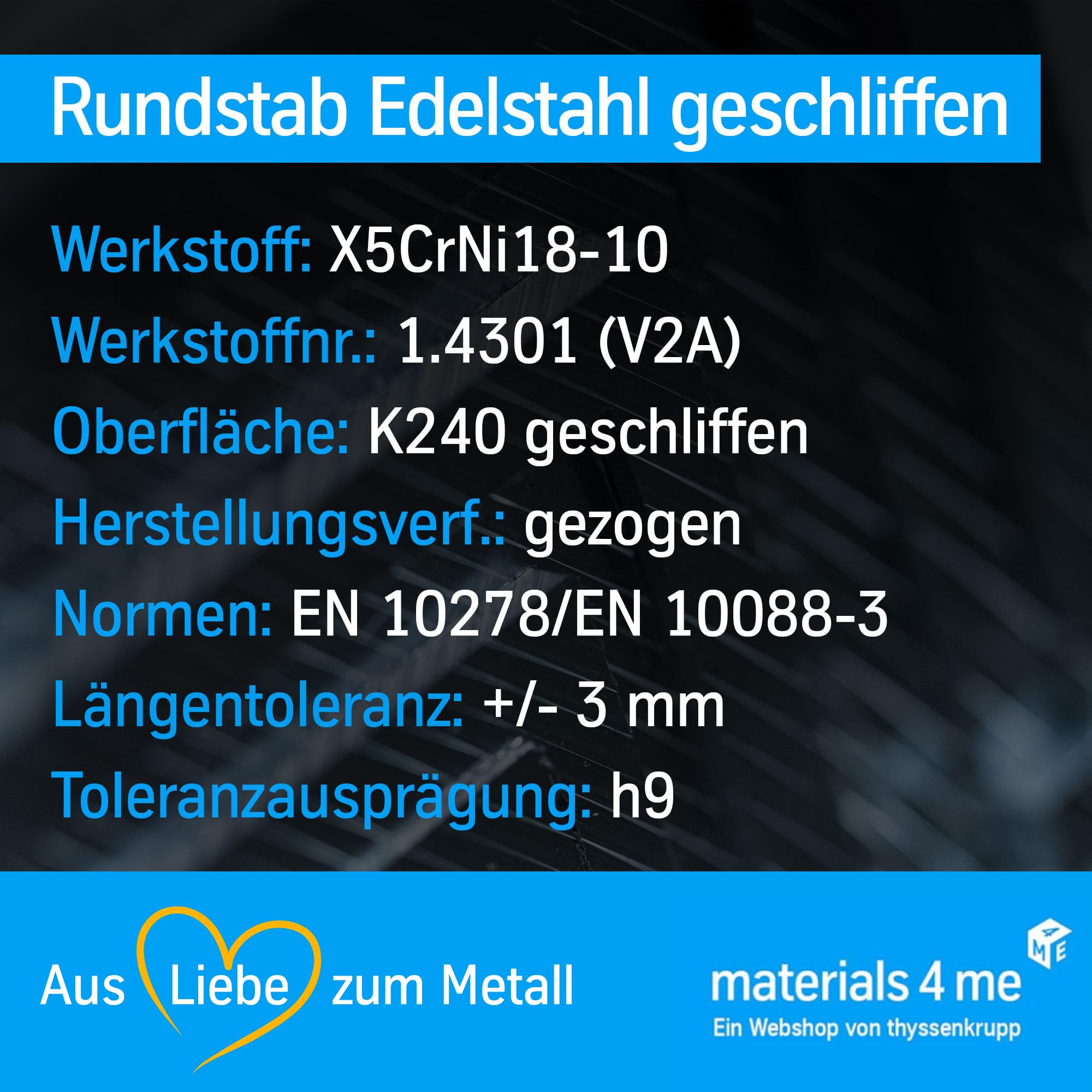 thyssenkrupp Edelstahlprofil – Rundstab V2A 1.4301 K240 geschliffen – Edelstahl Rundmaterial für Konstruktion & Montage – Rundprofil Edelstahl – Ø 16 mm – 2450 mm
