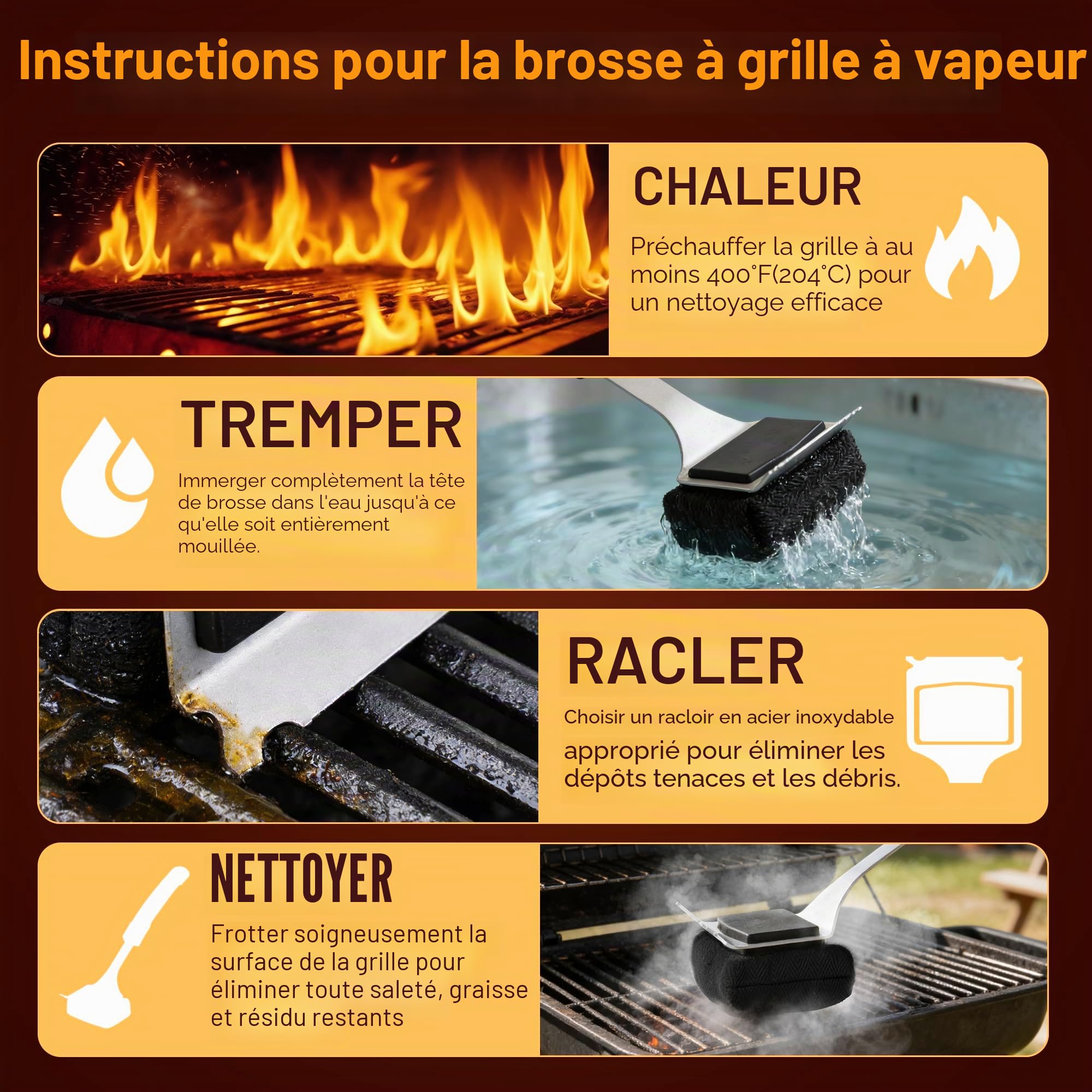 Pietuley Brosse Barbecue Sans Poils Vapeur avec Grattoir Acier Inoxydable, Sûre Accessoires Barbecue Ustensiles Brosse de Nettoyage Accessoire BBQ, Grattoir Plancha Accessoires pour BBQ et Fumoir