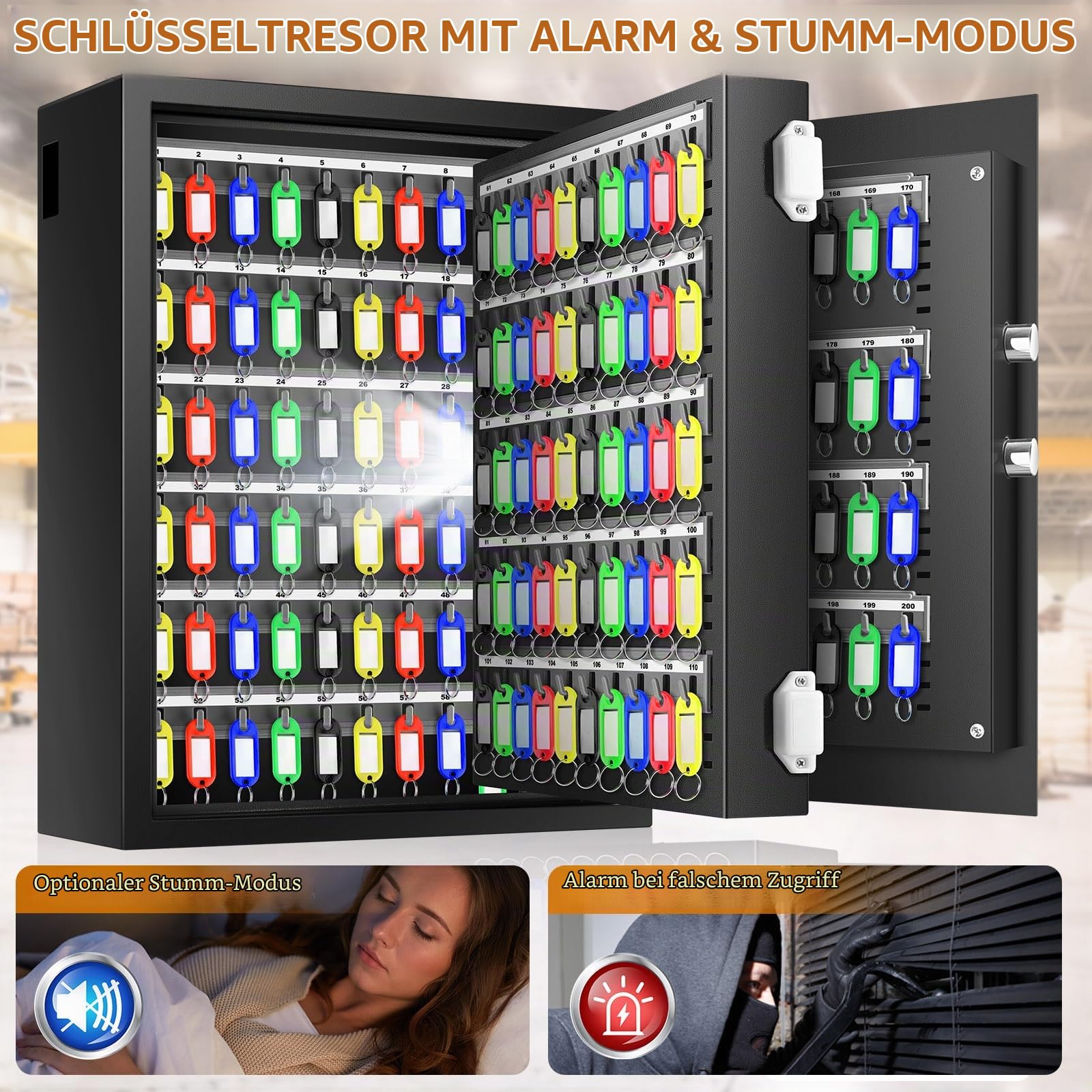 Mejasg Feuerfester Schlüsselkasten mit Zahlencode für 200 Schlüssel, Schlüsseltresor Schlüsselsafe mit Seitlichem Schlüsseleinwurf und Verstellbarer Schlüsselleiste, Schlüsselschrank für Büros Lager