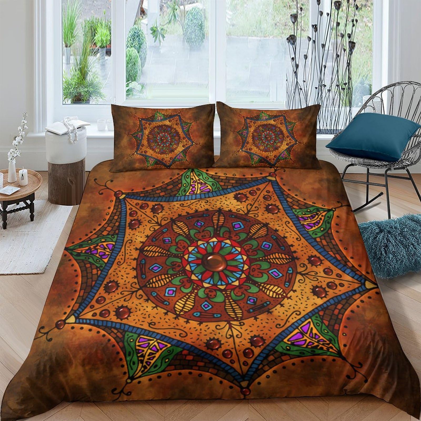 Ctjqhvkz Style-6 3D Printed Bohemian Mandala Fitted Sheet Microfiber Orange Ethnic Bed Cover Artistic Bedroom Decor Mattress Protection Single（135X200cm）