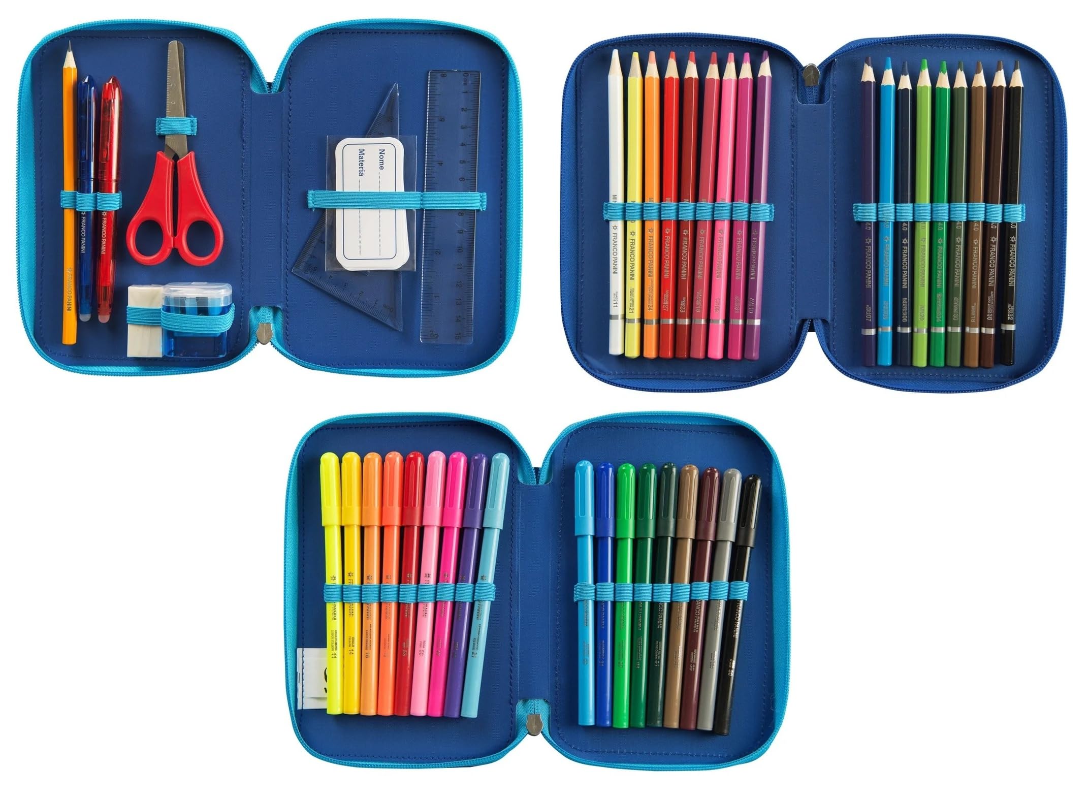 PRESTIGE & DELUXE Mochila escolar WWF versión Shark tiburón azul redondo 3 compartimentos cremallera para niños primaria secundaria + Estuche de 3 pisos completo de papelería + kit bolígrafos y