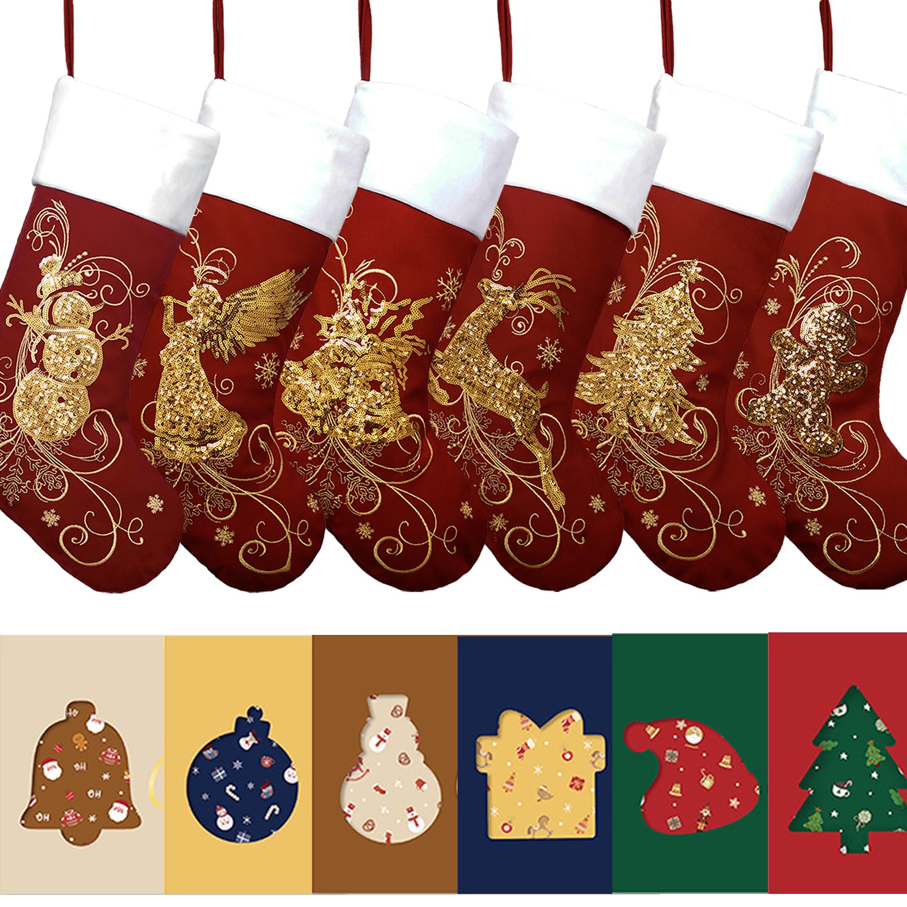 Roycraft Weihnachtsstrümpfe, 5 Stück, Samt, Gold, 48,3 cm, rote Pailletten, Weihnachtsstrümpfe, Kamin, hängende Ornamente, für Familiendekorationen, Urlaub
