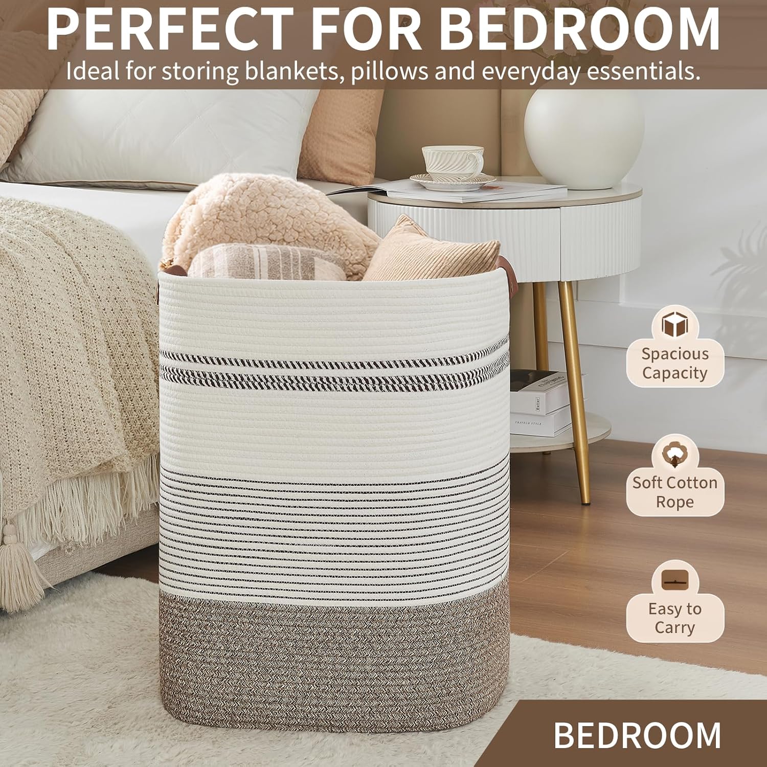 AINUOQI Laundry Hamper - Tall Woven Rope Laundry Basket - Clothes hamper with Leather Handles, 17" X 13.8" X 22", Blanket Storage Basket for Living Room, Rice Brown & White
