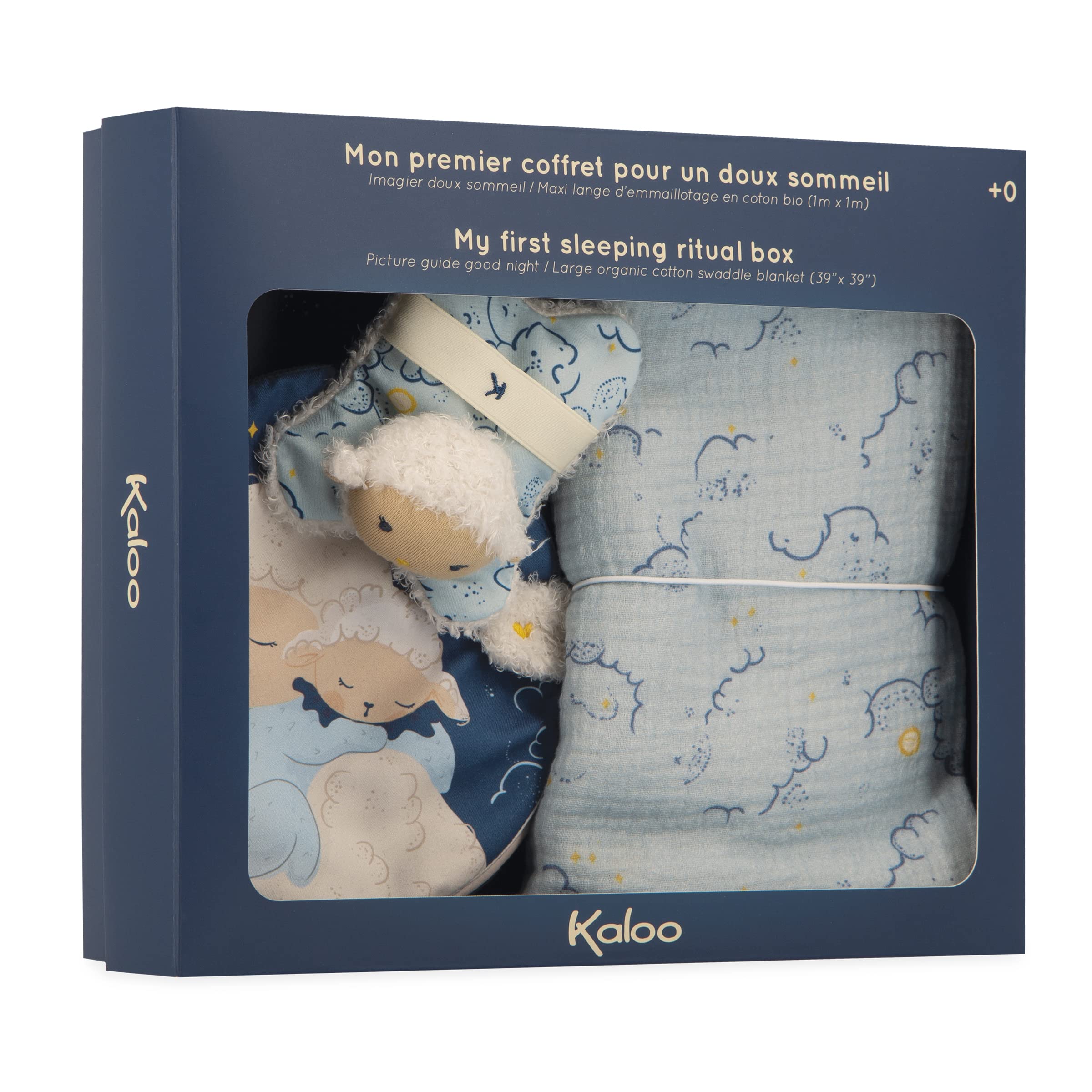 KALOO - Doux Sommeil - Primo Cofanetto Nascita per Addormentare Il Neonato - Libro + Mini Peluche Pecorella + Maxi Coperta Fasciante per Neonato 1 Metro - dalla Nascita, K221008