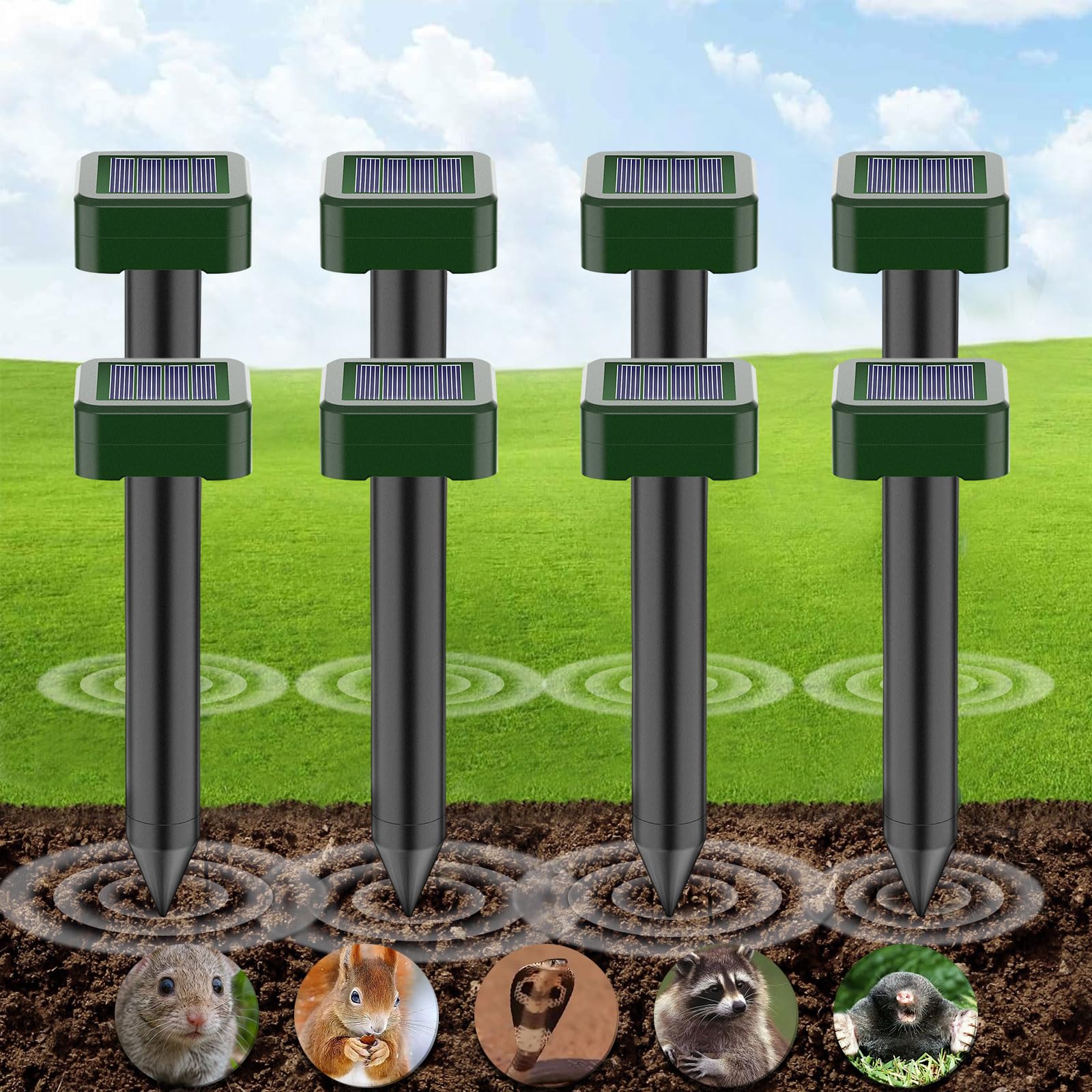 Mole Repellent Solar Ultrasonic 8 Pack,Outdoor Powered Sonic Deterrent,IP66 Waterproof,Groundhog Repeller Snake Rodent Gopher Spikes Chaser - Sonic Mole Deterrent Devices for Lawn Garden & Yard Home