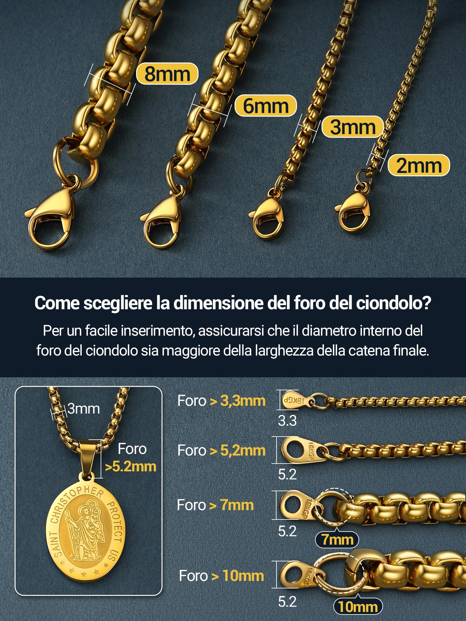 PROSTEEL Collana Uomo Donna a Catena Scatola Quadrata, Acciaio Inossidabile/Placcato Oro 18K, 3mm 6mm Larghezza, Collana Lunga Corta Sottile Grande, Argento Oro Nero, Regalo Perfetto (con Confezione)