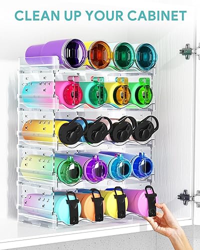 Miniatura 5 de Areforic Organizador de botellas de agua de 5 niveles, soporte apilable para 20 botellas para vasos, tazas, botellas de vino, estante de