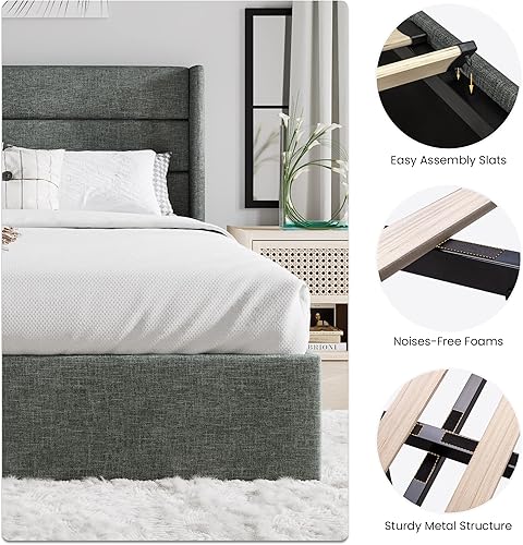 Miniatura 7 de SHA CERLIN Cama de Almacenamiento Elevable de Tamaño Completo/Cabecera Moderna Tipo Wingback/Marco de Cama Plataforma Tapizada/Almacenamiento Gris