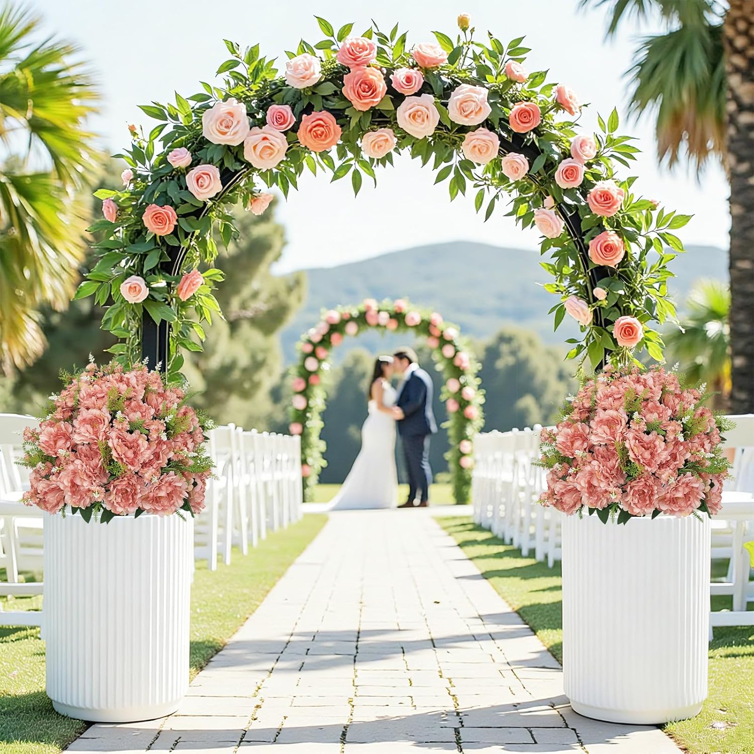 24” Artificial Flowers for Outdoors, Set of 2 Realistic Faux Pink Peonies in Cement Pots, UV Resistant Fake Plants Look Real for Front Porch, Entryway & Indoor Spring Decor