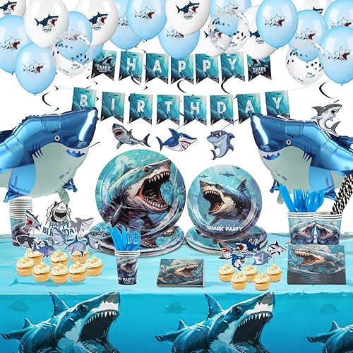 Suministros de fiesta de cumpleaños de tiburón para niños, vajilla de fiesta de tiburón, 206 piezas para servir a 20 invitados, decoraciones de