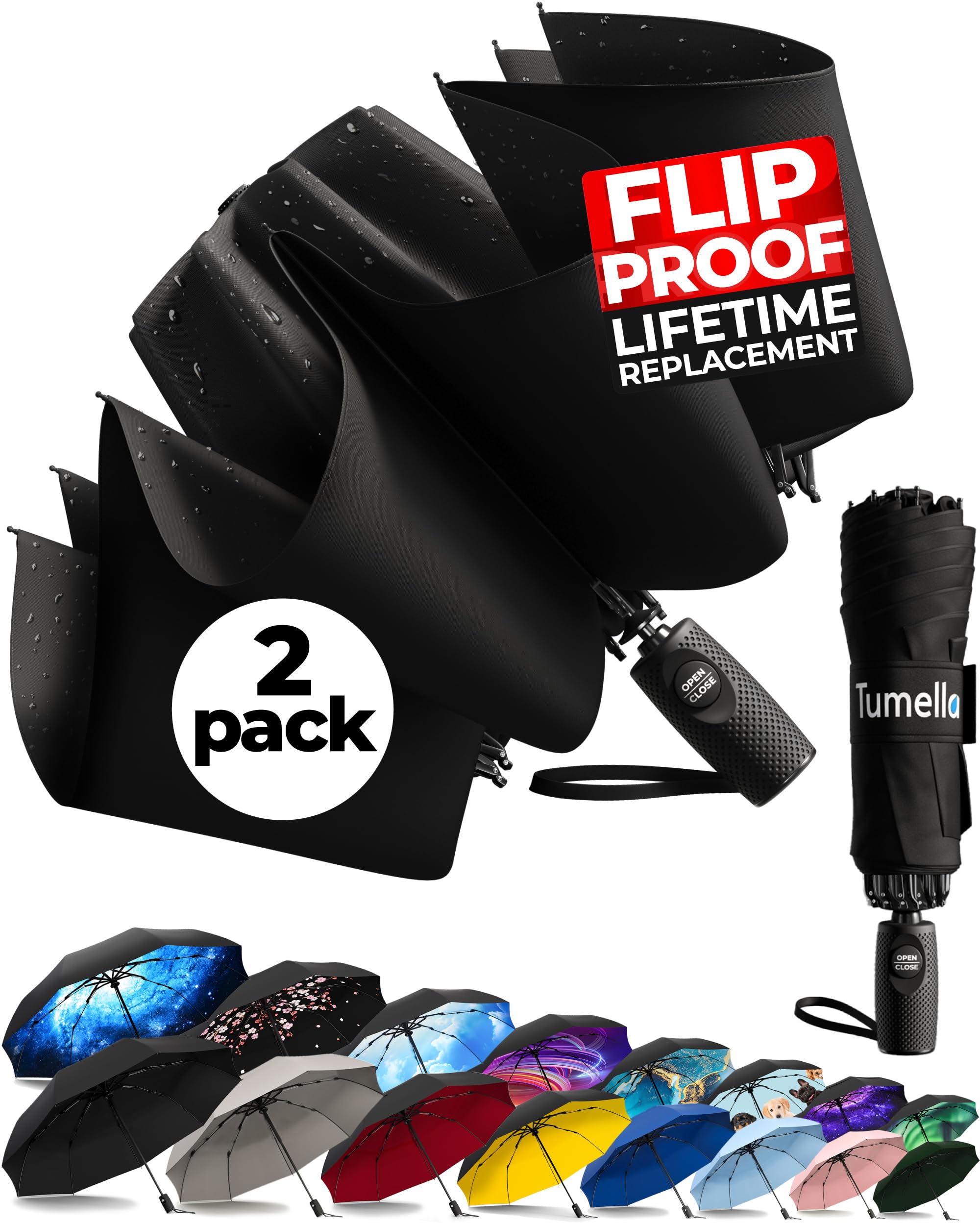 TUMELLA Flip-proof Inverted Travel Umbrella, Small Strong but Light Portable and Automatic Reverse Folding Rain Umbrella, Durable Premium Grip, Fits