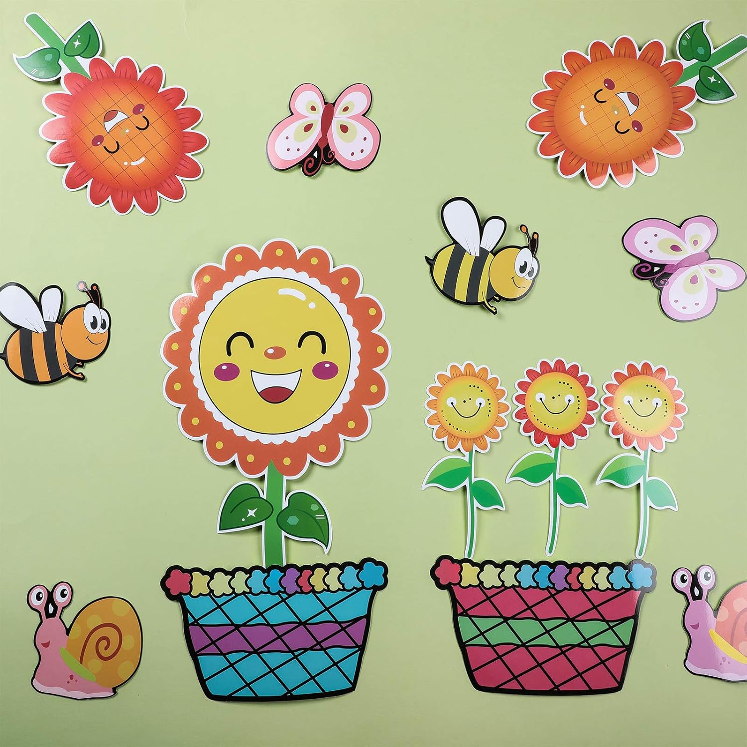 22 Pcs Spring Bulletin Board Decorations Flowers Bee Bulletin Board Cutouts Set Colorful Sunflower Butterfly Bee Snail Flower Pots Cutouts with Glue Point Dots for Classroom Chalkboard Wall Decor
