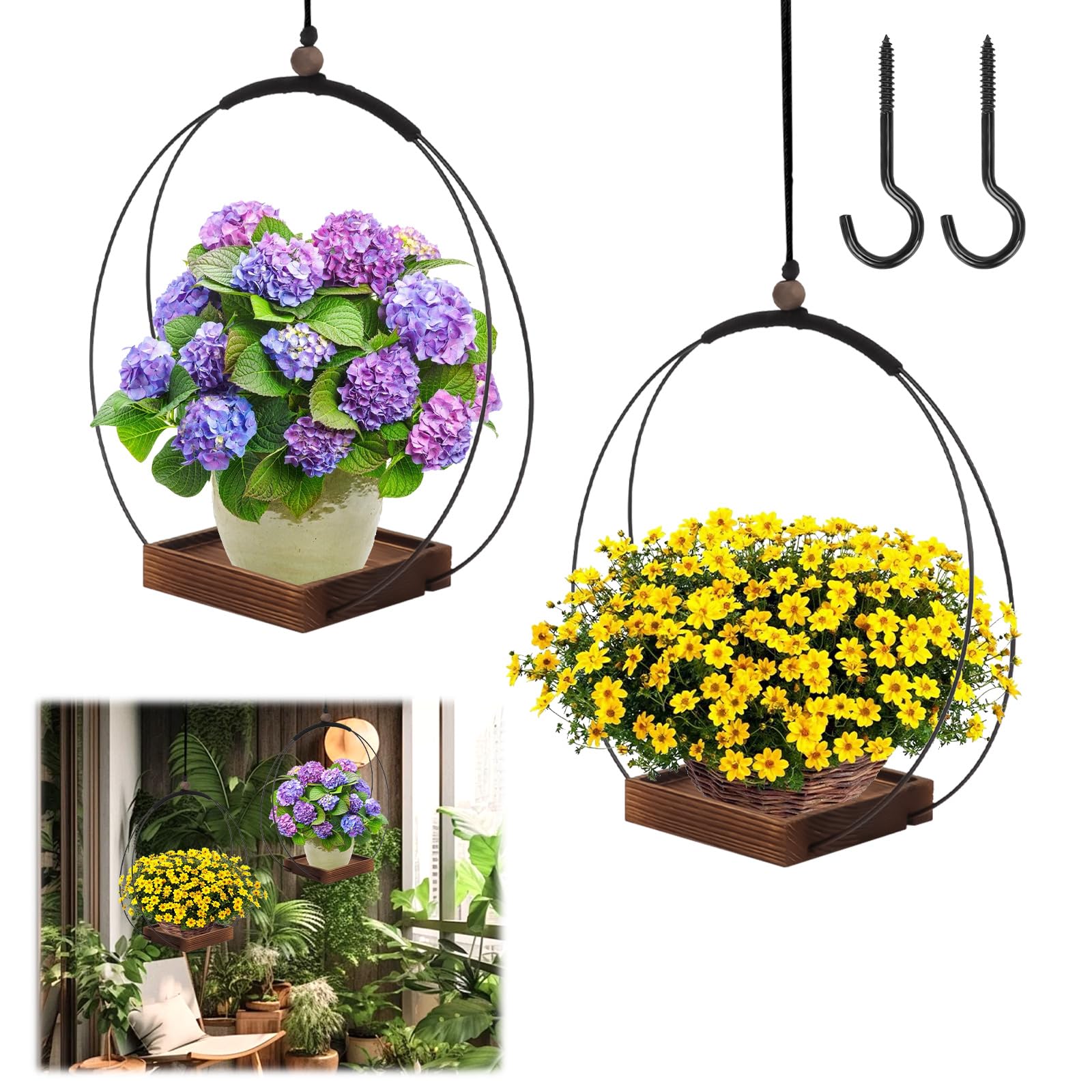 mumisuto 2 Piezas Maceta Colgante Interior con Base de Madera, Macetero Colgante Boho, Macetas Colgantes para Plantas Pequeñas y Medianas, para Interior y Exterior Decoración del Hogar (Negro 1)