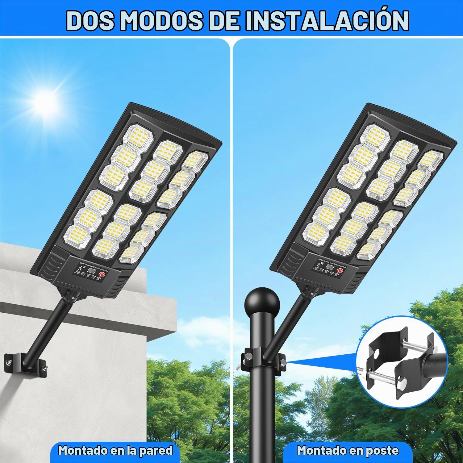 Farolas Solares Exterior 800W 6500K, IP66 Impermeable Farola Potente con Control Remoto, Foco Solar Luz de Seguridad de Movimiento, Luz Solar Exterior para Calles, Patio, Jardín (2 Unidad)