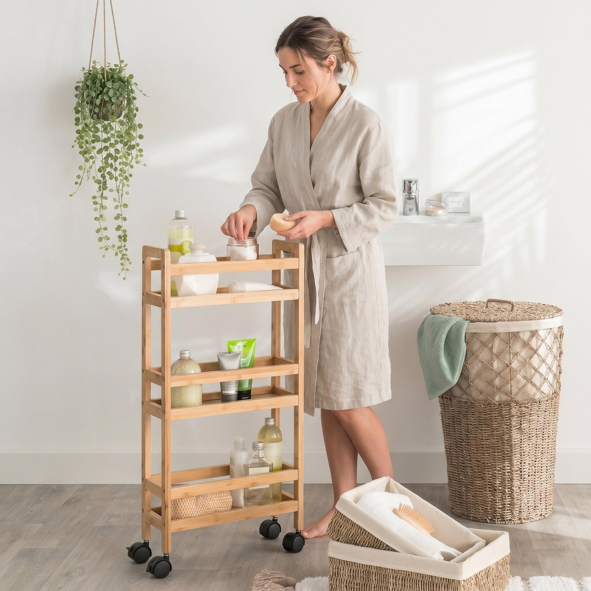 Well Home - Carrello ausiliario in bambù con ruote, 36 x 15 x 74,5 cm, 3 livelli, ideale per cucina, bagno e ufficio, salvaspazio