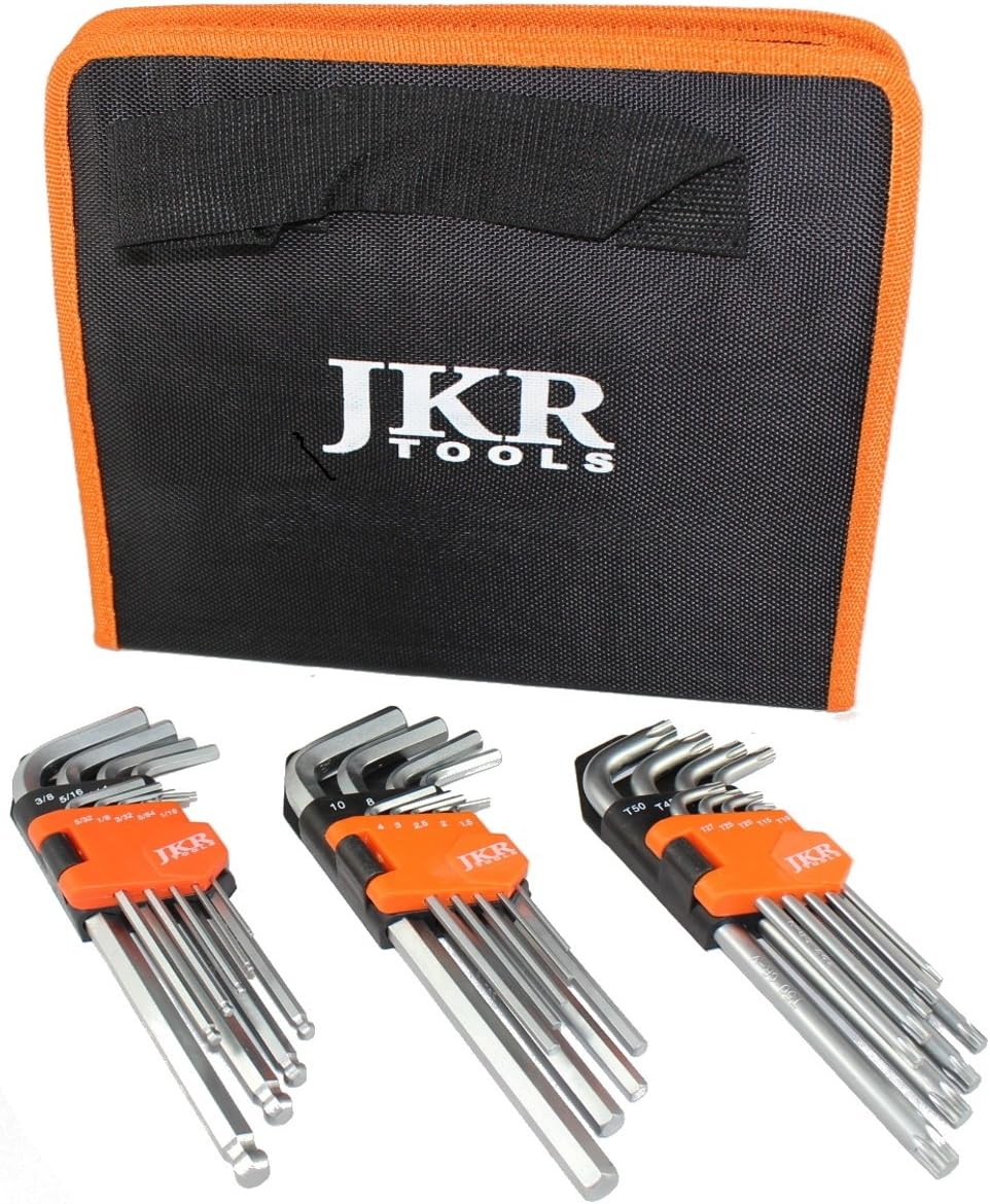 JKR Tools Hex Key TORX Metric Imperial Triple Set 27 Pieces Long Allen Keys with Storage Case
