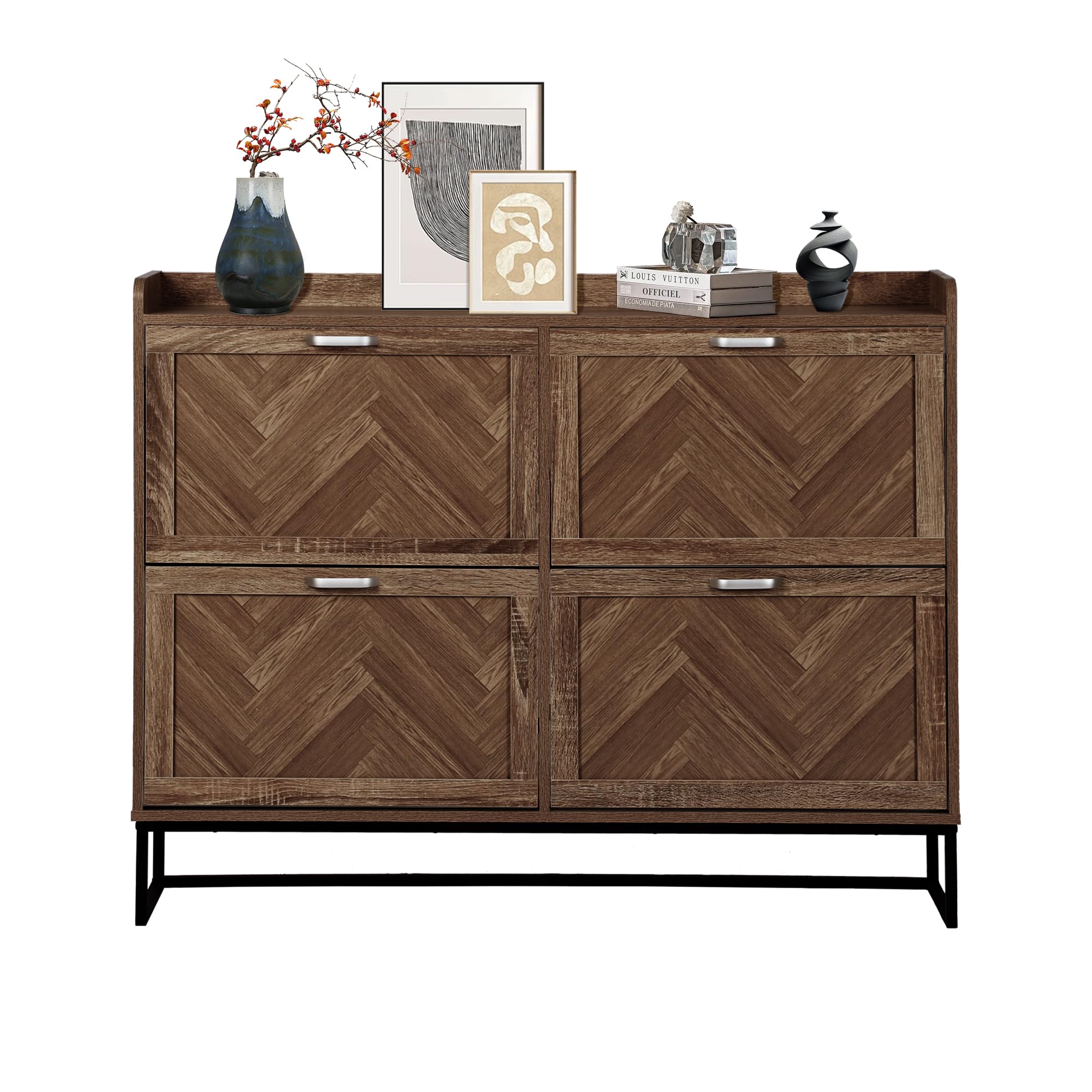 Shoe Storage Cabinet with 4 Flip Drawers, Narrow Hidden Shoe Cabinet with Metal Legs & Adjustable Shelf, Freestanding Slim Shoe Rack Organizer for Entryway,Brown