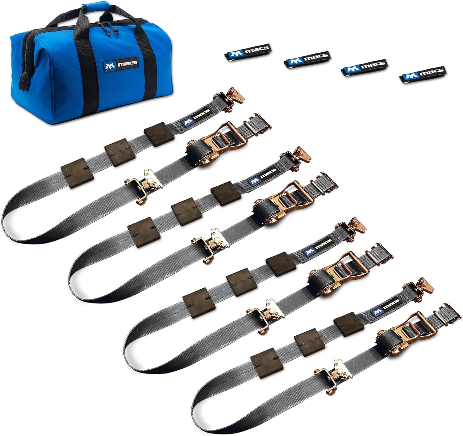 Mac’s Tire Block Strap Pack, 2" x 10' Tire Straps with E-Track Ends, 3,335 lb. WLL - Includes Rubber Blocks, Idlers, Strap Wraps & Canvas Bag – Car Hauler Tie-Down Kit – Black