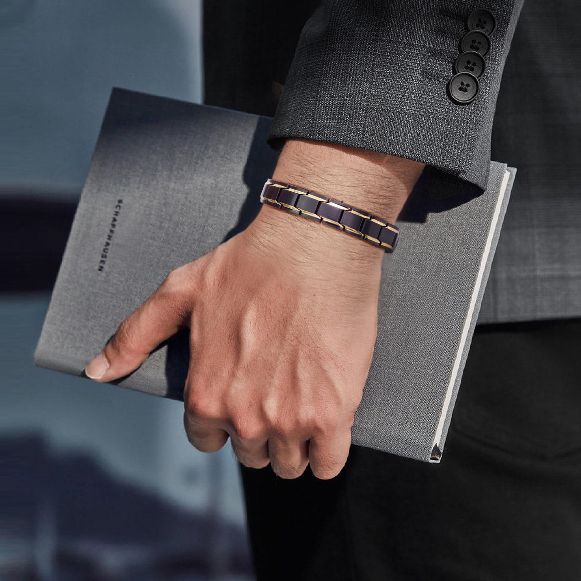 JFUME Bracciale magnetico da uomo, placcato oro 18k, placcato nero, argento, carbonio blu con strumento di rimozione link, regolabile 22cm