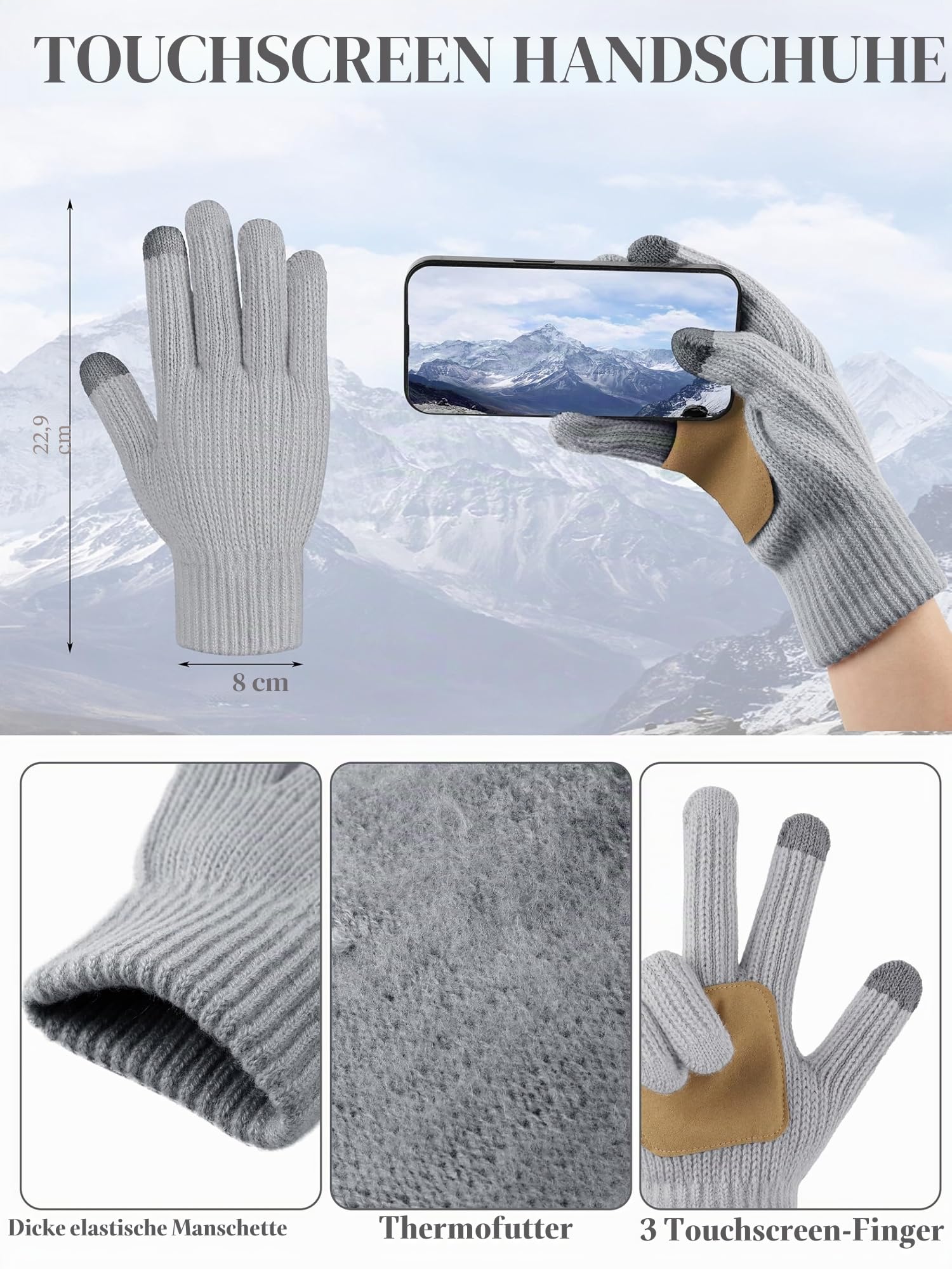 LOROME Damen Winter Beanie Mütze Schal Handschuhe Set Fleece Strick Pompon Mütze Warm Halstuch Touchscreen Handschuhe Winter Geschenk