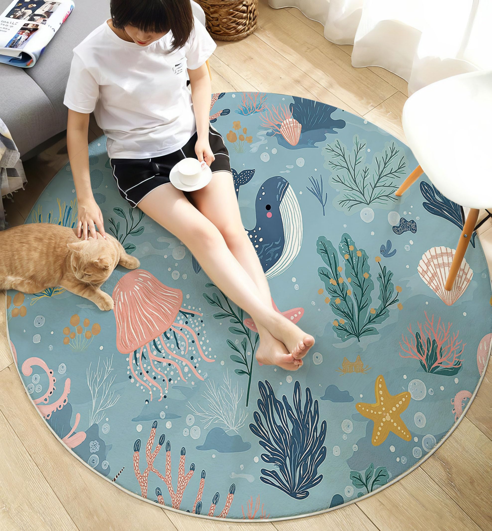 Tapis Rond Lavable en Machine Motif Baleine Méduse Décoration De Chambre pour Adultes Enfants, Joli Thème Océan Bleu Clair Antidérapant Doux Poils Ras Tapis Rond De Salon, 120 Cm