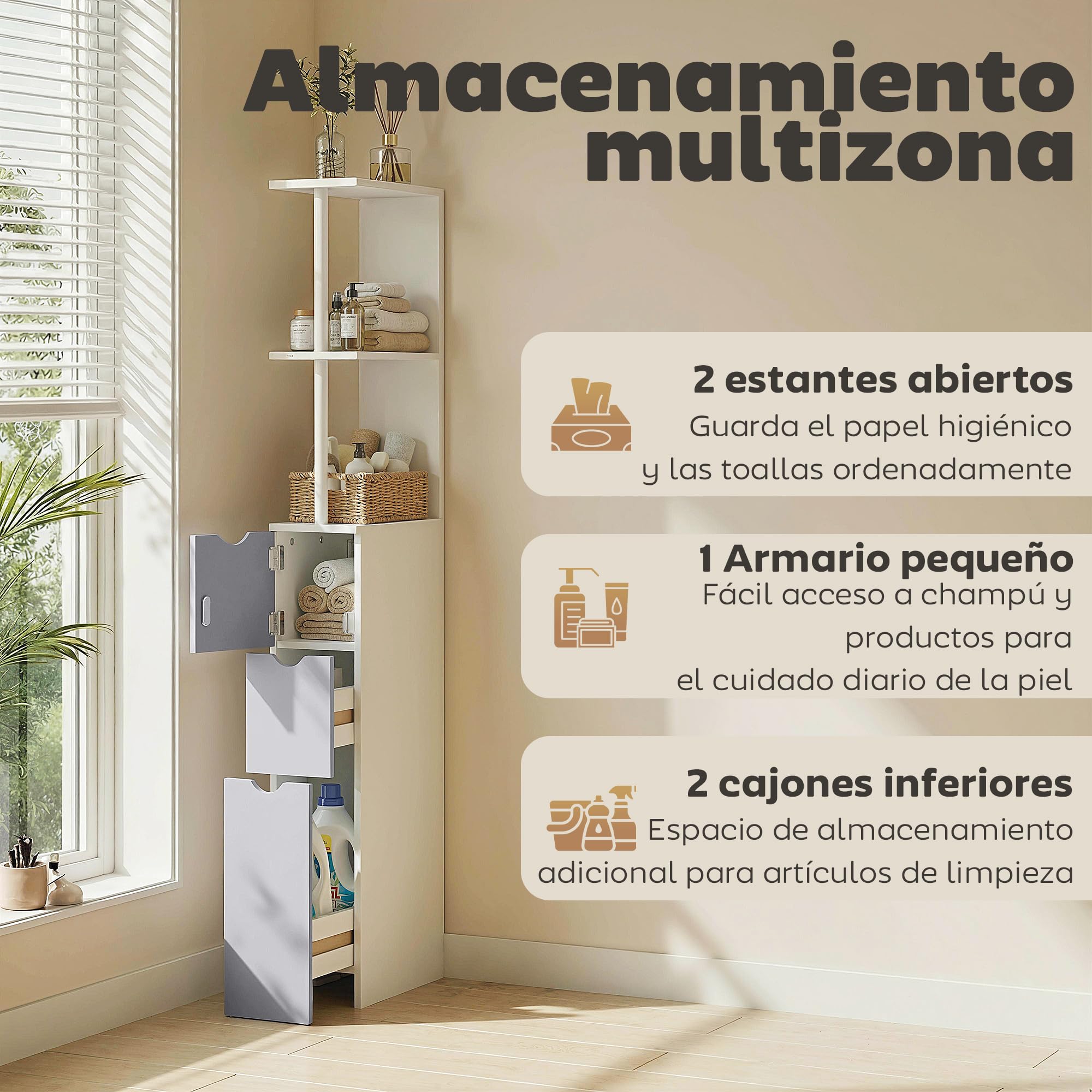 HOMCOM Columna Auxiliar de Baño Estrecha Moderna 15x33x136,8 cm Blanco | Armario Alto de Baño, Mueble Auxiliar, 2 Estantes, 2 Cajones, 1 Puerta, Antivuelco