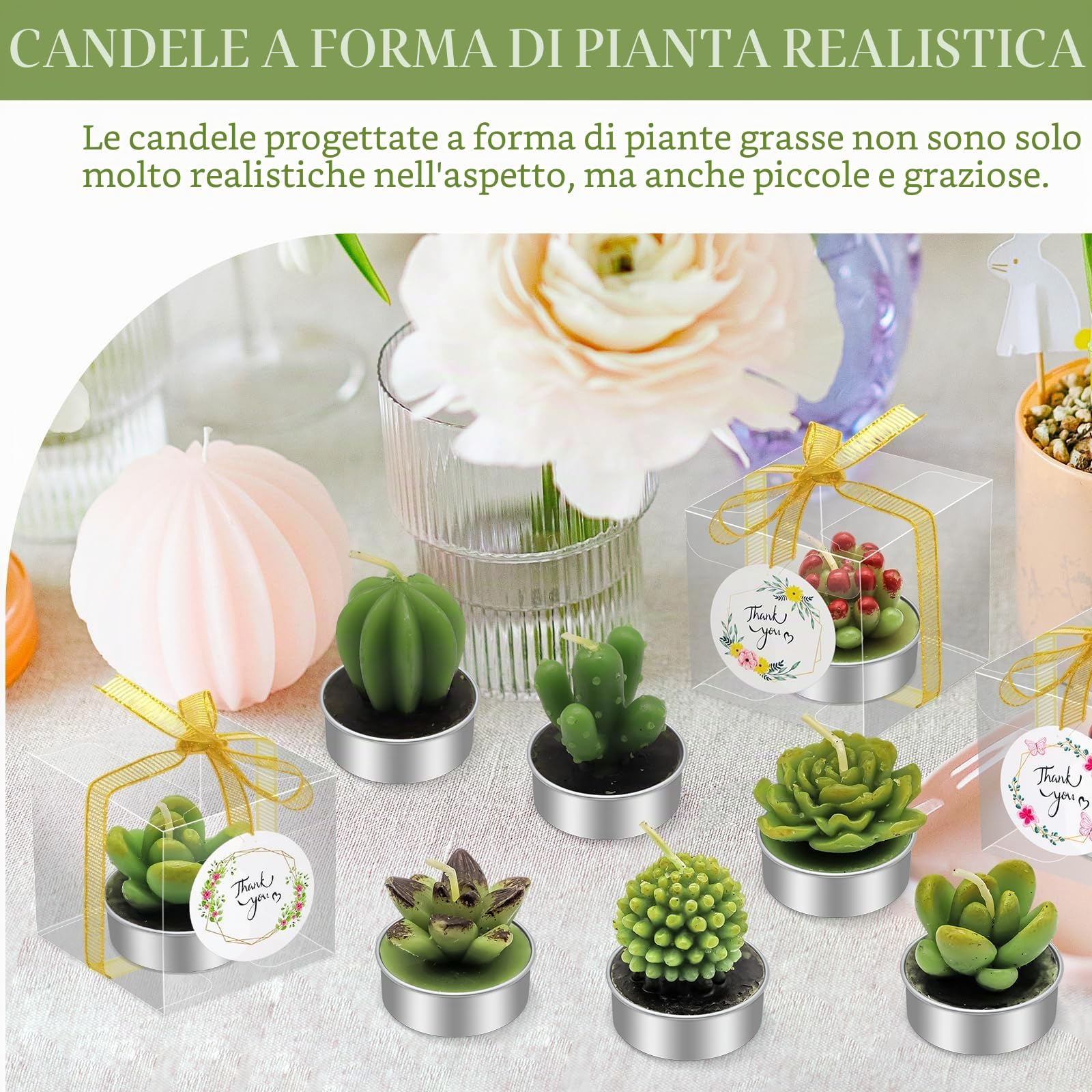 AZEAM 48 pz Candele Succulente per Feste, Decorazione da Tavolo a Forma di Cactus per gli Ospiti, Mini Piccole Tealight Fatte a Mano Set di Decorazioni per Baby Shower, Premi, Giochi, Matrimoni