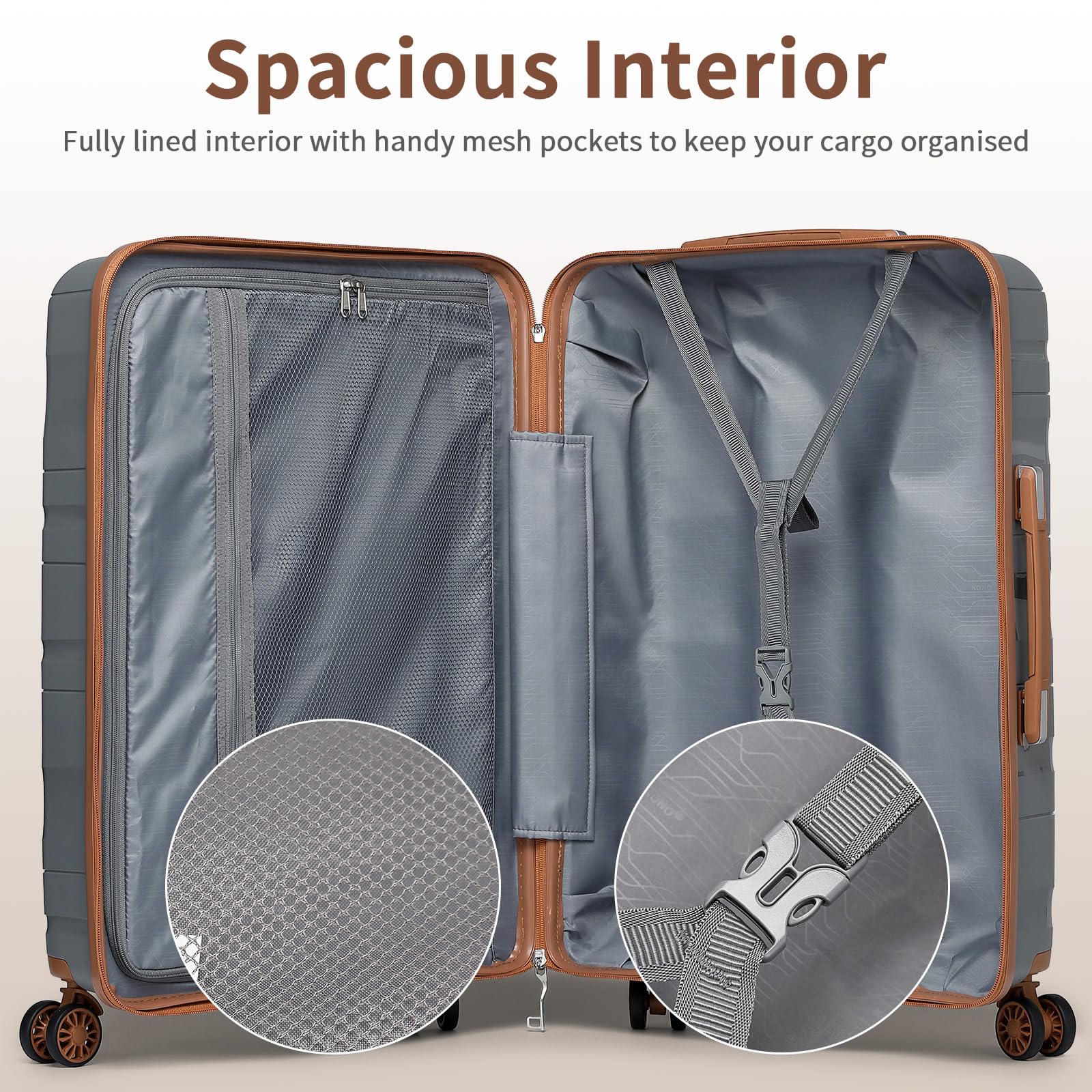 Kono Maleta de Cabina, Maleta de Viaje Mediana Ligera Portátil con Cerradura TSA, Resistente 65x46x26,5cm,70L(Gris)