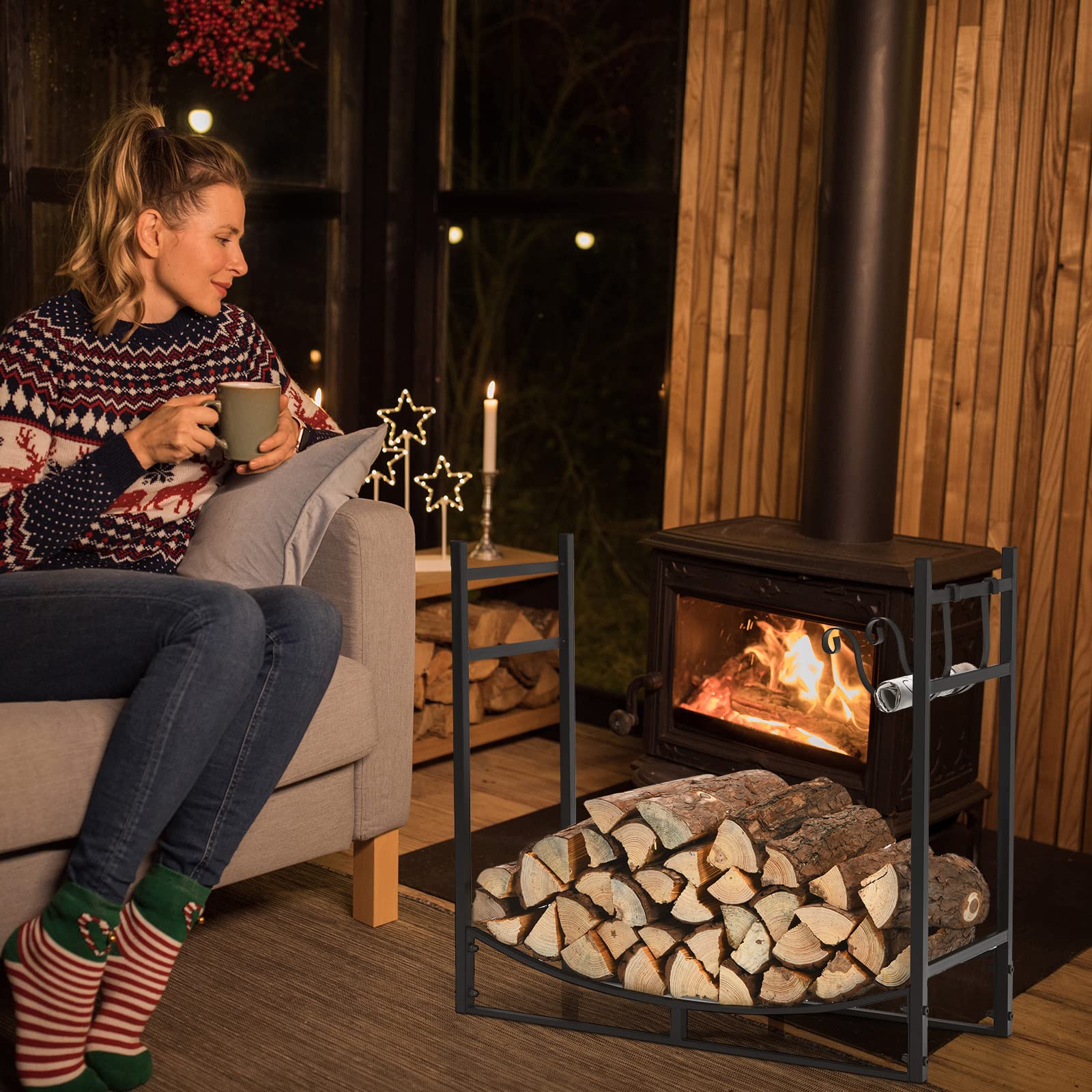 GOPLUS Range Bûches Cheminée Porte Buches Bois Chauffage Intérieur Extérieur Support Amovible 50 kg 84 x 33 x 76 cm