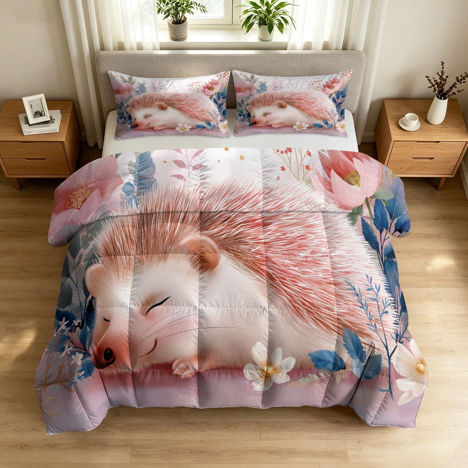 Bettdecke ohne Bezug 135x200 cm Beige Valentinstag Patchwork Muster Antiallergisch Leichtsteppbett & Ganzjahresdecke - Waschbar mit 2 Kissenbezügen Igel Wiese Blumen Weiche und Atmungsaktive Wende