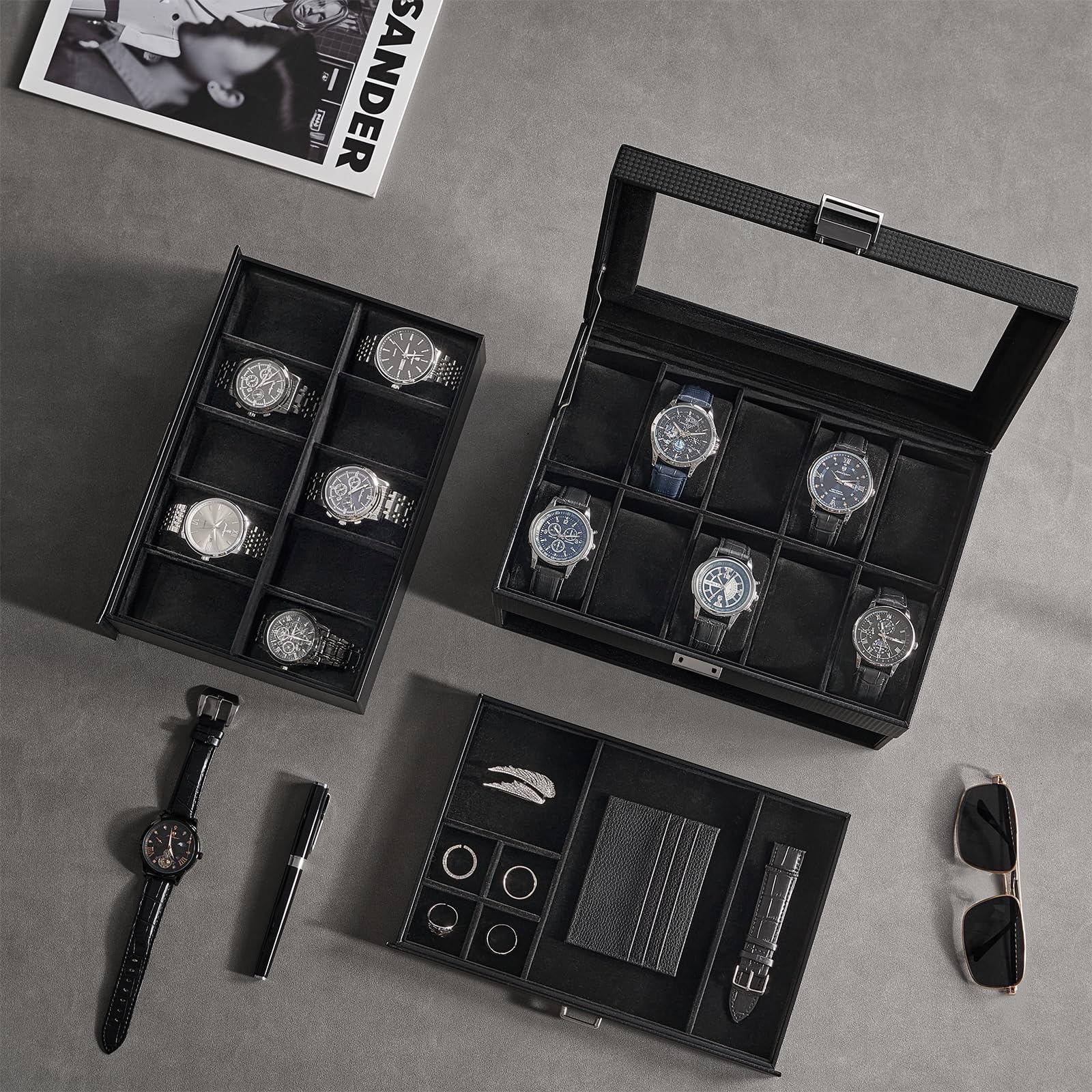 ProCase Organizadora para Relojes para Hombre, 20 Ranuras Caja Organizadora de Joyería de 3 Capas con Cajón Estuche de Almacenaje con Tapa de Cristal Vitrina Expositor -Negro Puro