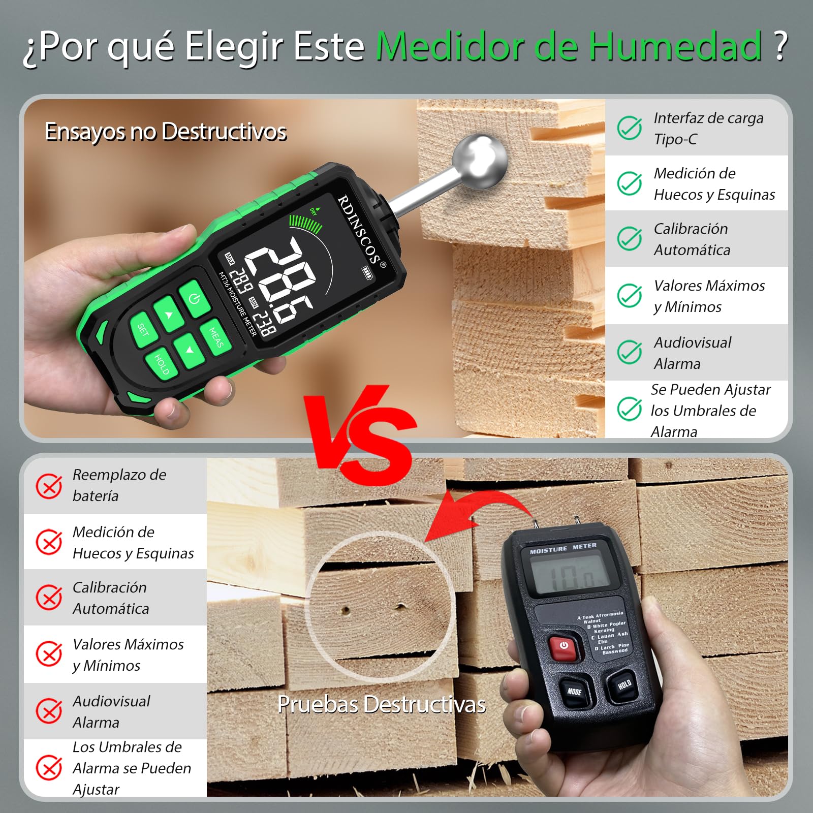 Mètre humide Murs Rechargeable Humidité de Bois, Hygromètre Numérique Professionnel Détecteur d'humidité pour bois, Murs et Planchers Testeur d'humidité (MT36)
