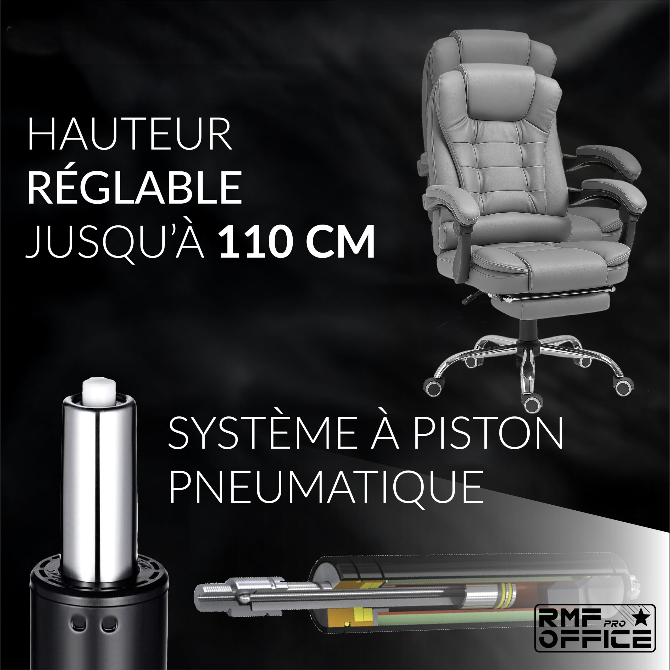RMF Fauteuil de Bureau Ergonomique Inclinable avec Repose-Pieds, Chaise de Bureau Confortable avec Roulettes Pivotantes et Hauteur Réglable Gris