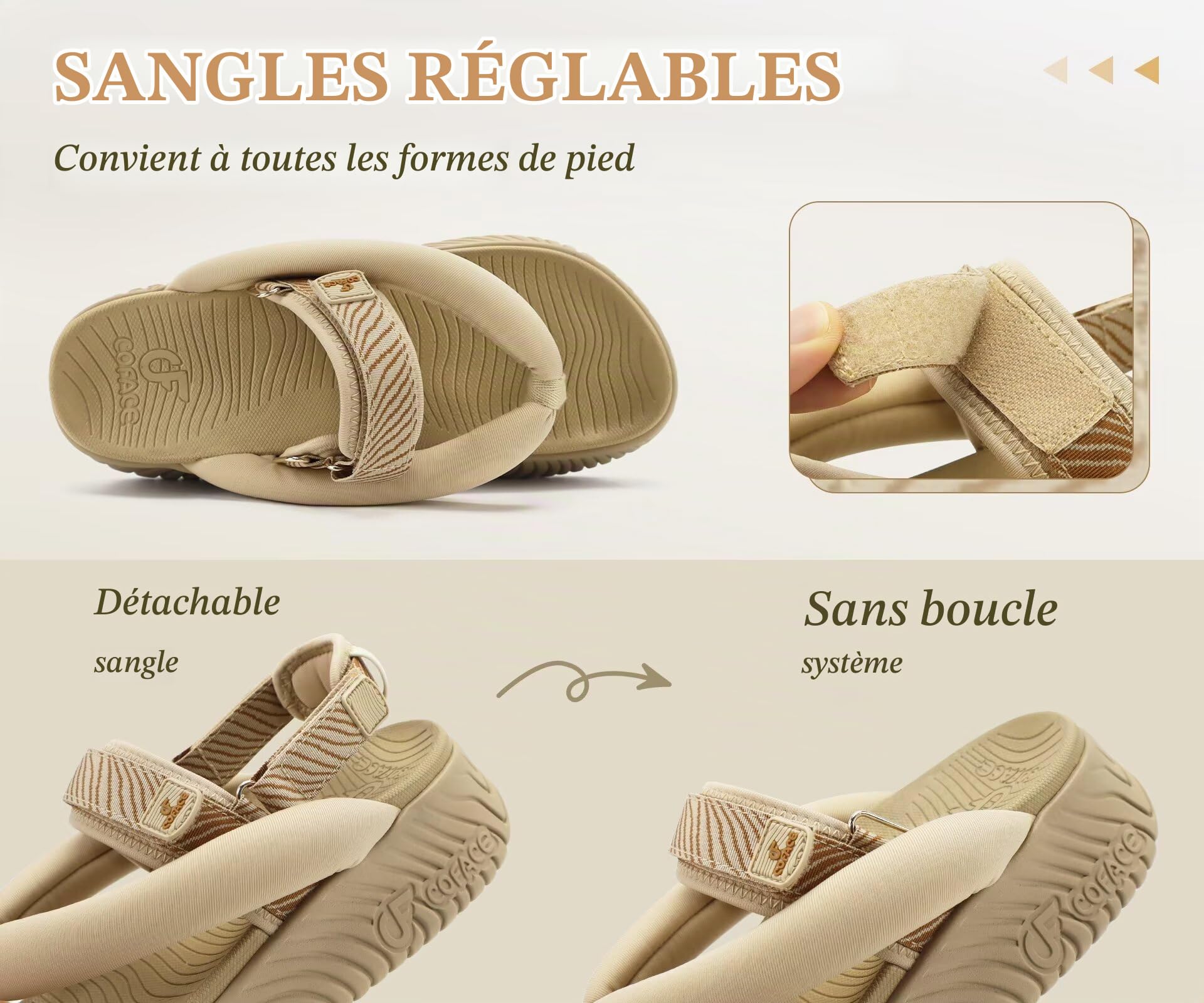COFACE Orthopedique Sandales Randonnée Femme Sport et d'extérieur Confortable été Plage Piscine Plateforme Tong Réglables Léger Antidérapante Soutien Voûte Plantaire Tongues
