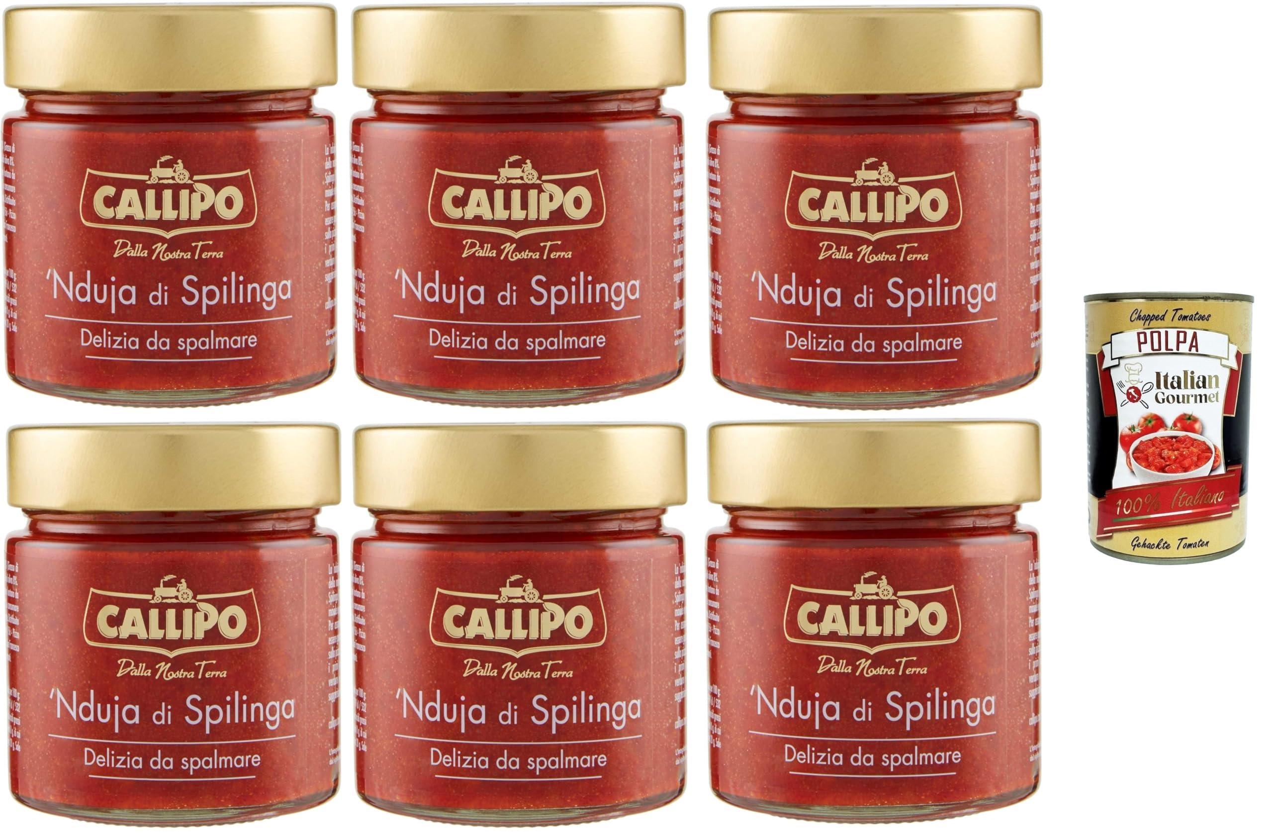 Callipo Nduja di Spilinga, Delizia da spalmare Nduja de Spilinga, délicieuse pâte à tartiner 6 x 200 g + Italian Gourmet Polpa 400 g
