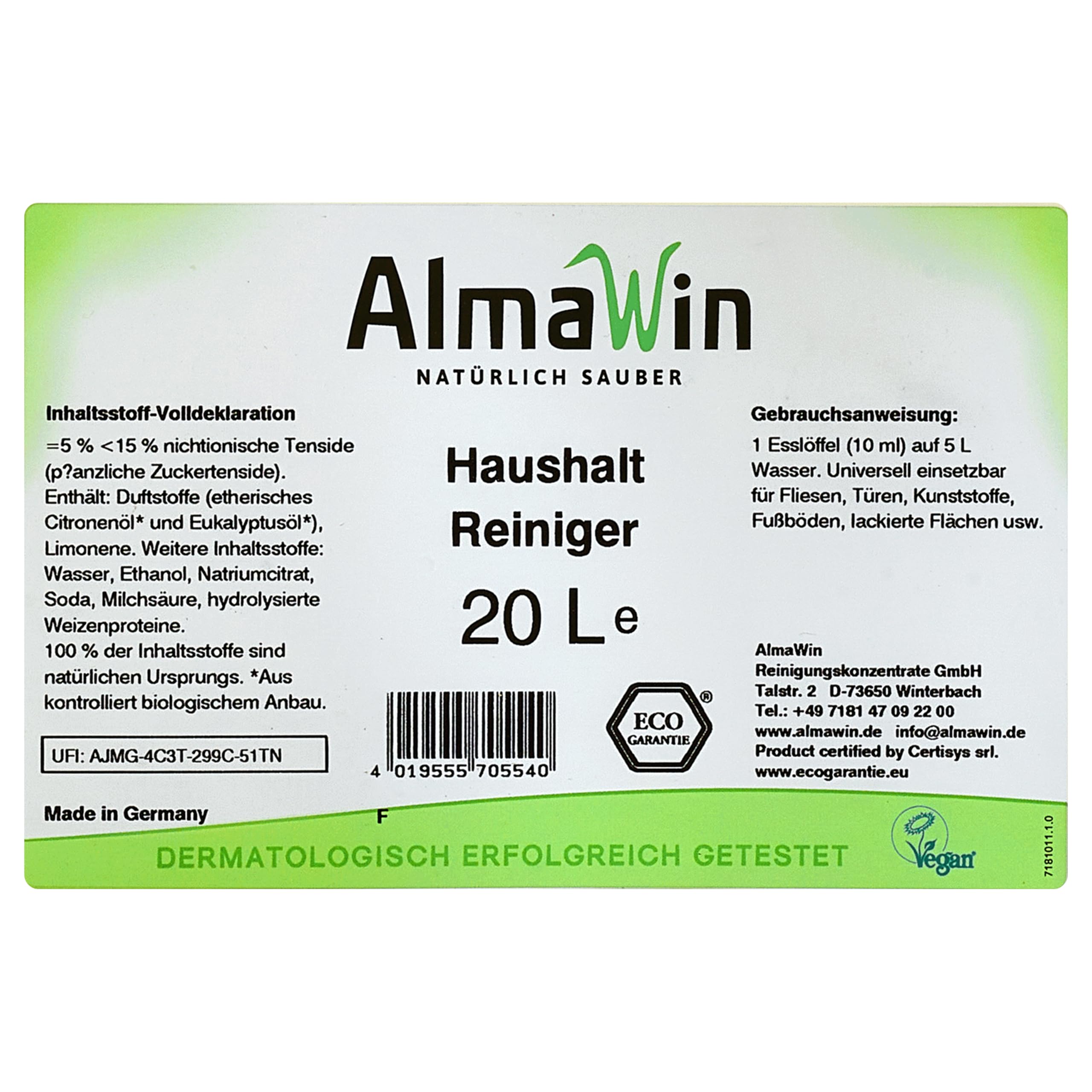 AlmaWin® Haushalt Reiniger [20L] zur Reinigung & Pflege wasserfester Oberflächen - Allzweckreiniger mit Zitronenduft - Universal Reiniger Konzentrat - Entfernt Schmutz, Fett & Staub - Bio & VEGAN
