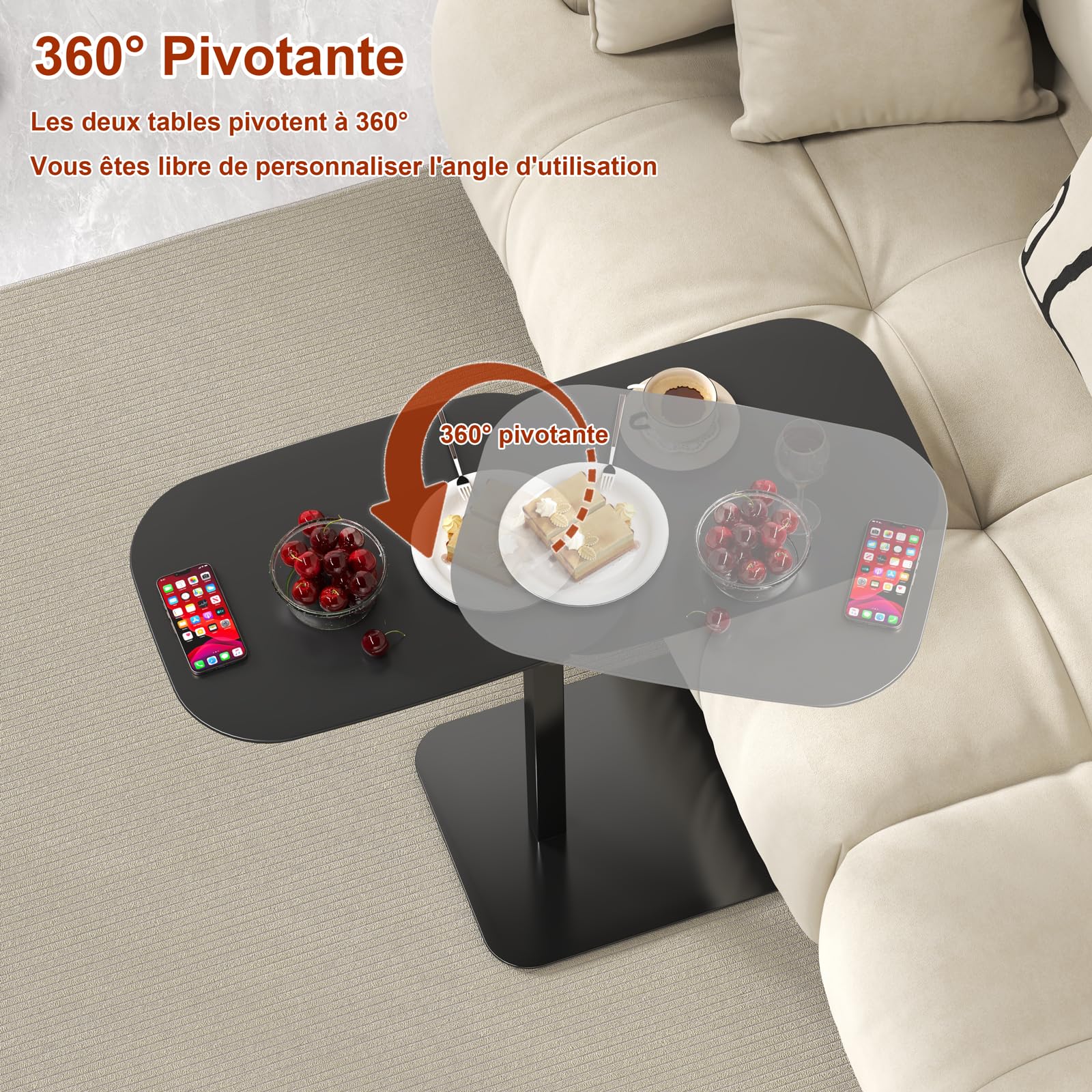 Table d'appoint en forme de C hauteur reglable, table canapé pivotante à 360°, Deux planches de table, ordinateur portable stand pour canapé/lit, Petite café C tables pour Salon/Chambre (Black)