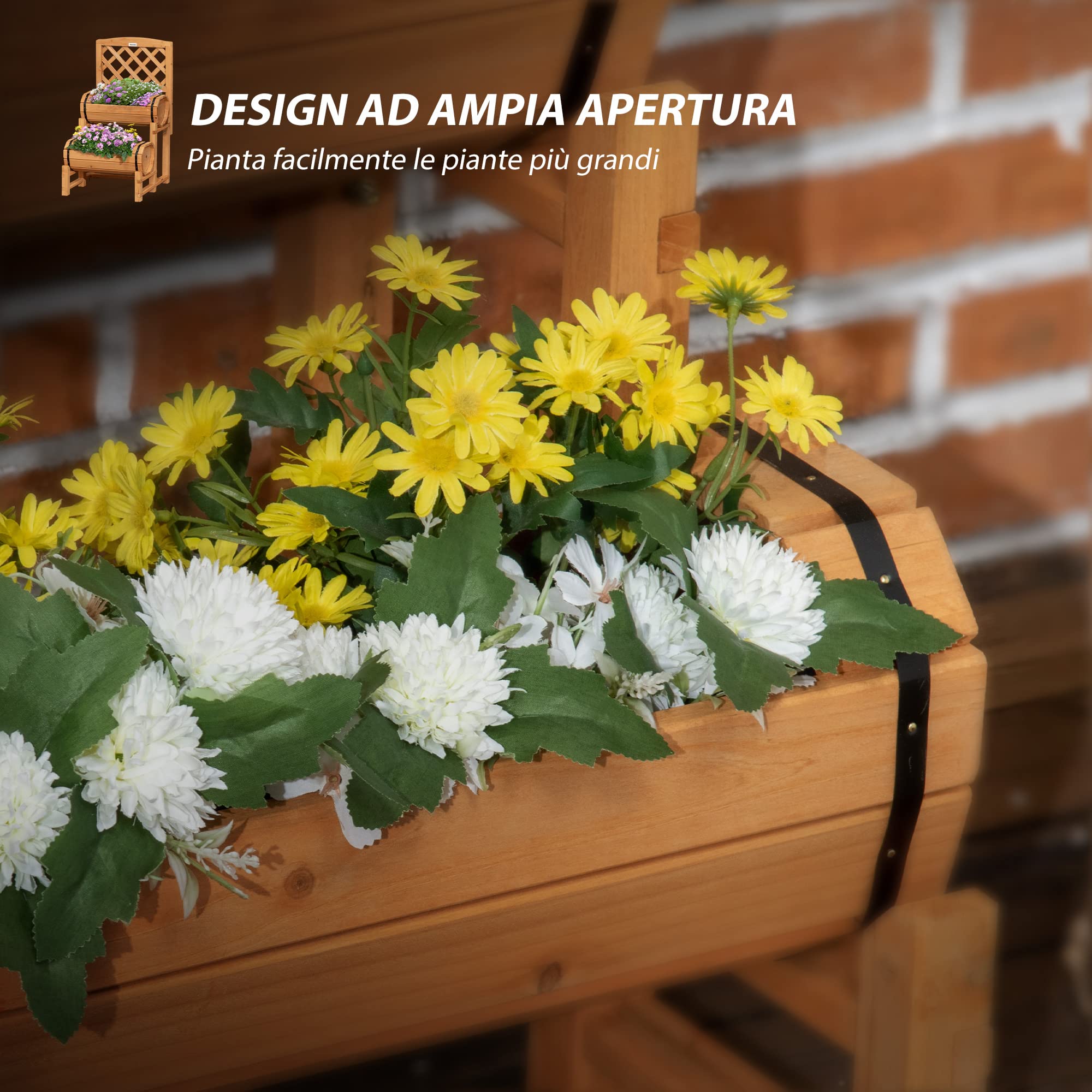 Outsunny Fioriera da Esterno Verticale a Mezza Botte Rialzato 45x45x80 cm | con Grigliato, per Rampicanti, in Legno d'Abete
