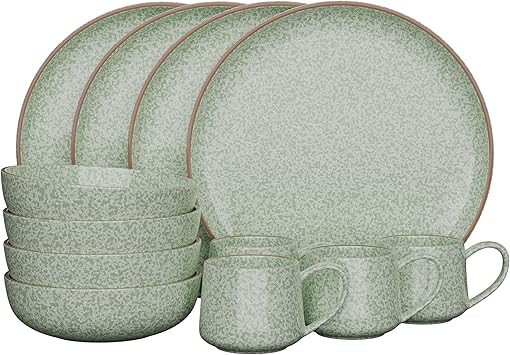 American Atelier Stoneware Dinnerware Set, 12-Piece Service for 4 Speckled Reactive Glaze Plates, Bowls & Mugs for Coordinated Dining, Durable Everyday Table Setting with Classic Appeal Sage Green