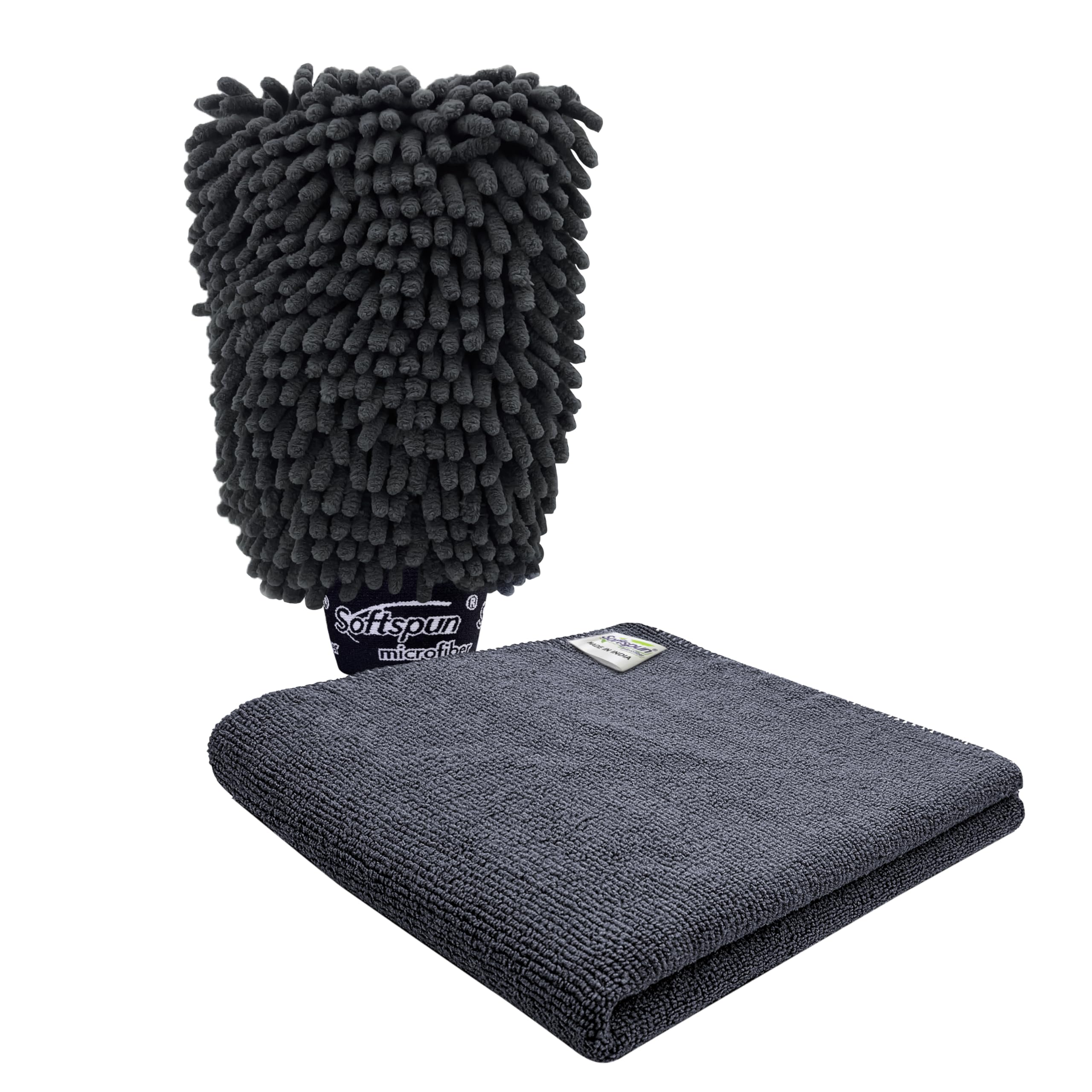SOFTSPUN Microfiber Chenille & Single Side Gloves 1700 GSM & Towel 340 GSM 1 Piece Grey - Automotive Microfibre Towels for Car Bike Cleaning Polishing Washing & Detailing.
