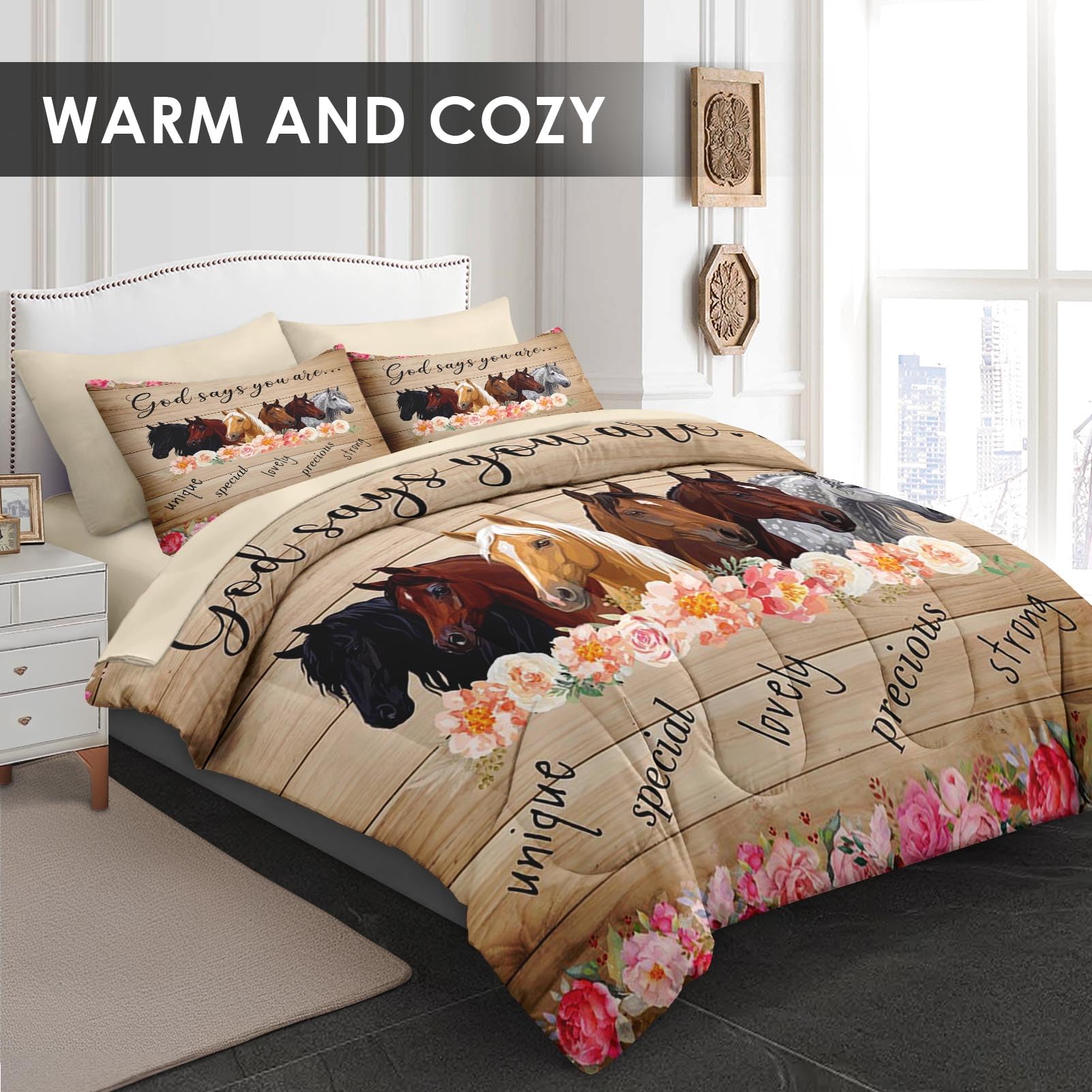 WeCozy Juego de edredón de 5 piezas de tamaño individual con funda de almohada y funda, juego de ropa de cama de flores de animales de caballos para niños y adultos, pensamientos inspiradores, cama en
